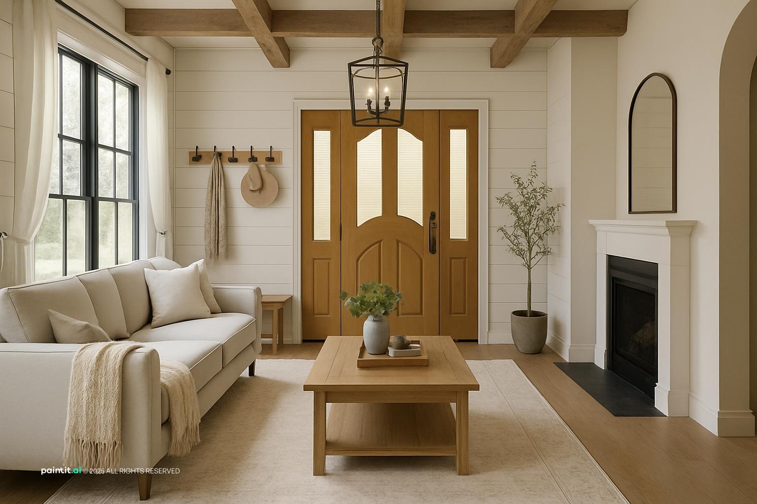 Living room with white paneled walls, a white fireplace, a cream sofa and a wooden door