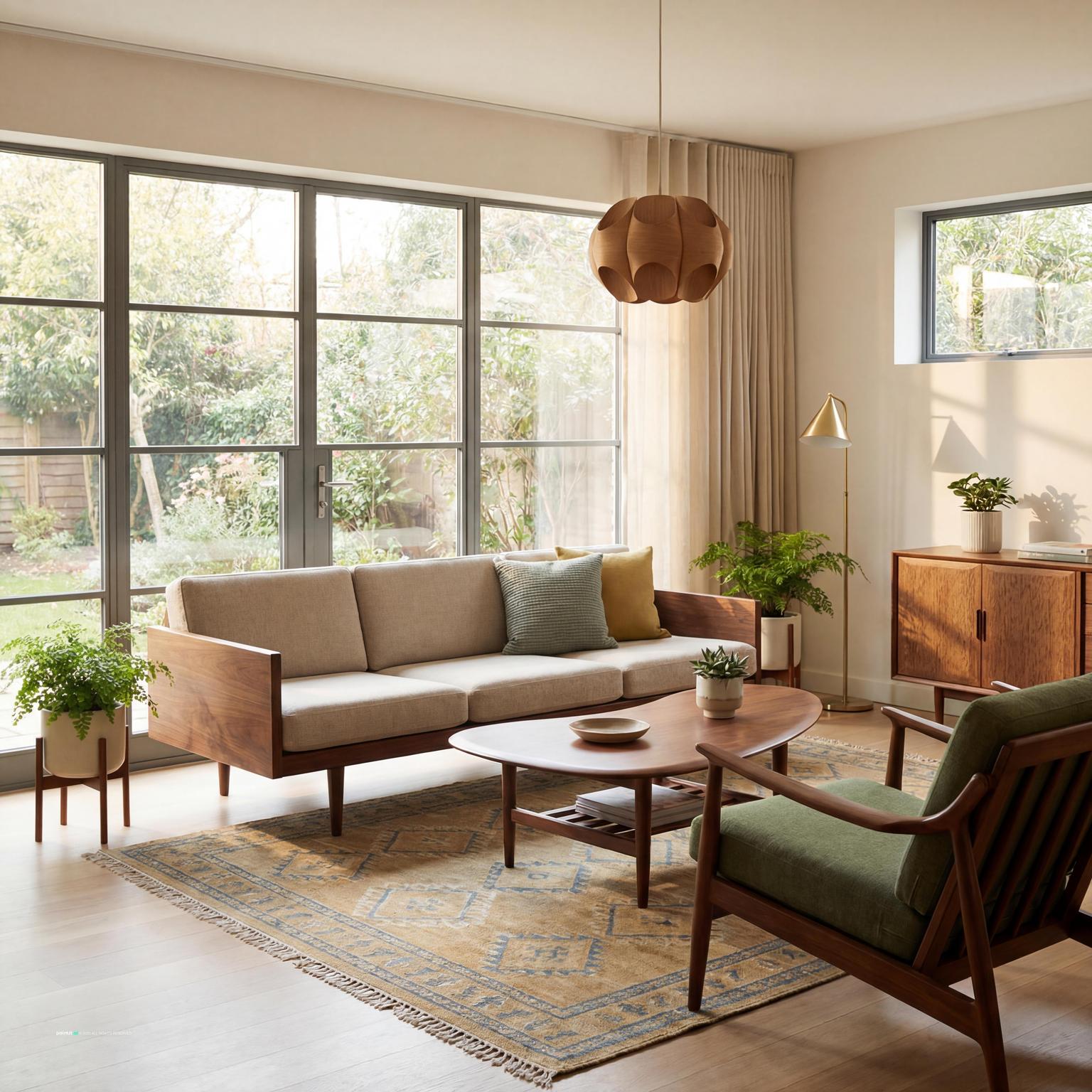 Cozy mid century modern living room design with a focus on functional furniture, natural light, and a harmonious, inviting color palette.