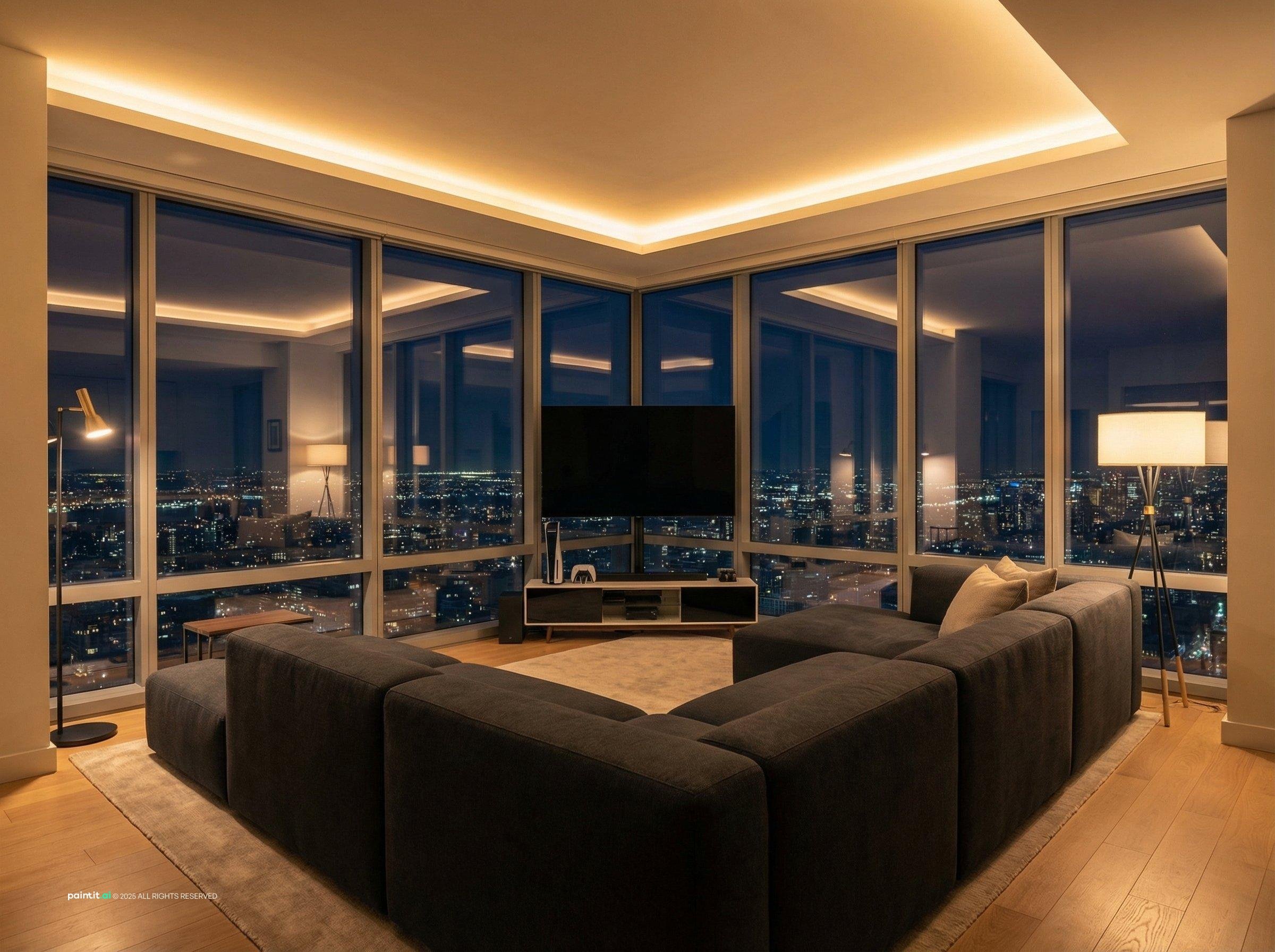 Charcoal sectional in a corner room with city views and a lit tray ceiling