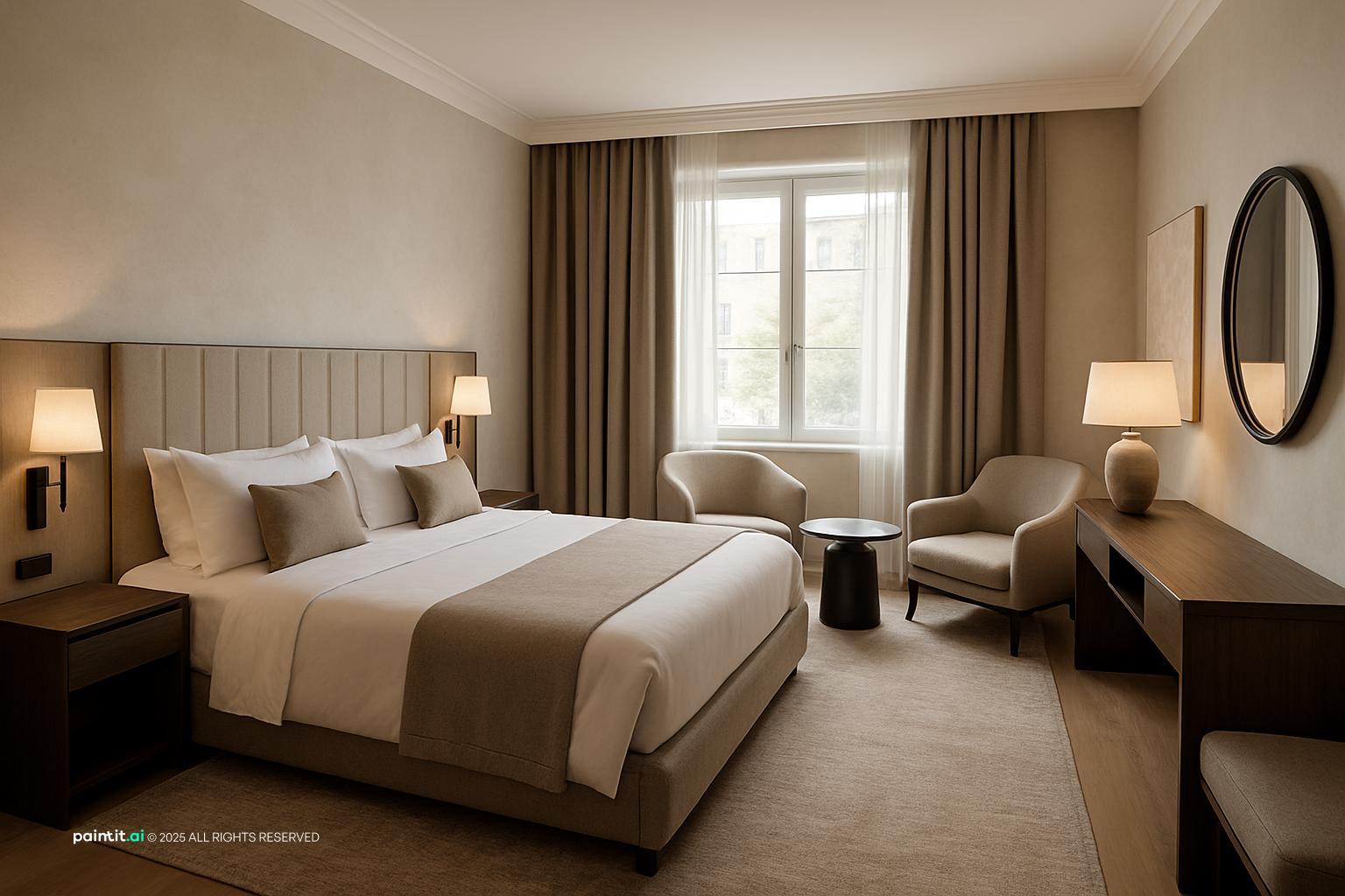Hotel room with a double bed, taupe curtains, a round mirror, two armchairs and a dark desk