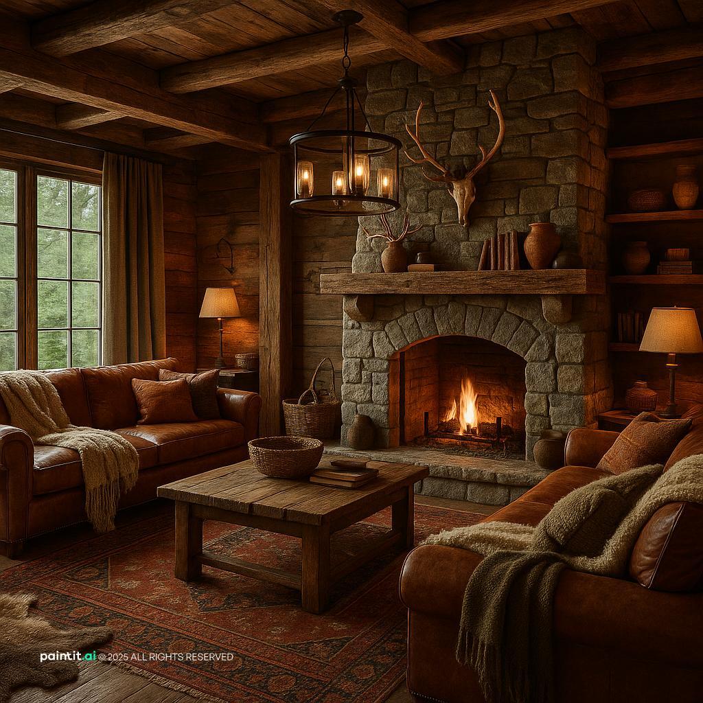 Cabin Living Room Design with linen and stone and a calm living room atmosphere.