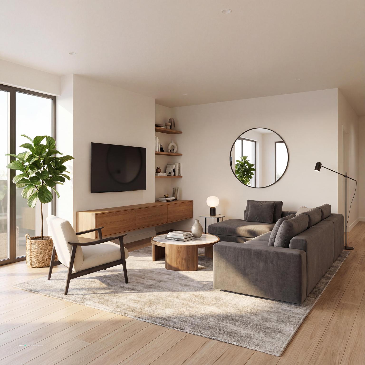 Modern functional Japandi living room design, focusing on practical elegance, clean lines, and a serene environment that enhances daily living.
