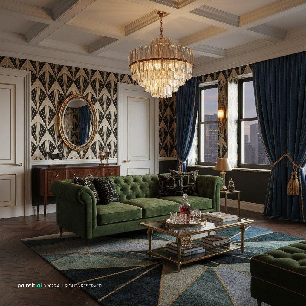 Living room with dark green sofas, damask-pattern walls, a crystal chandelier and heavy curtains