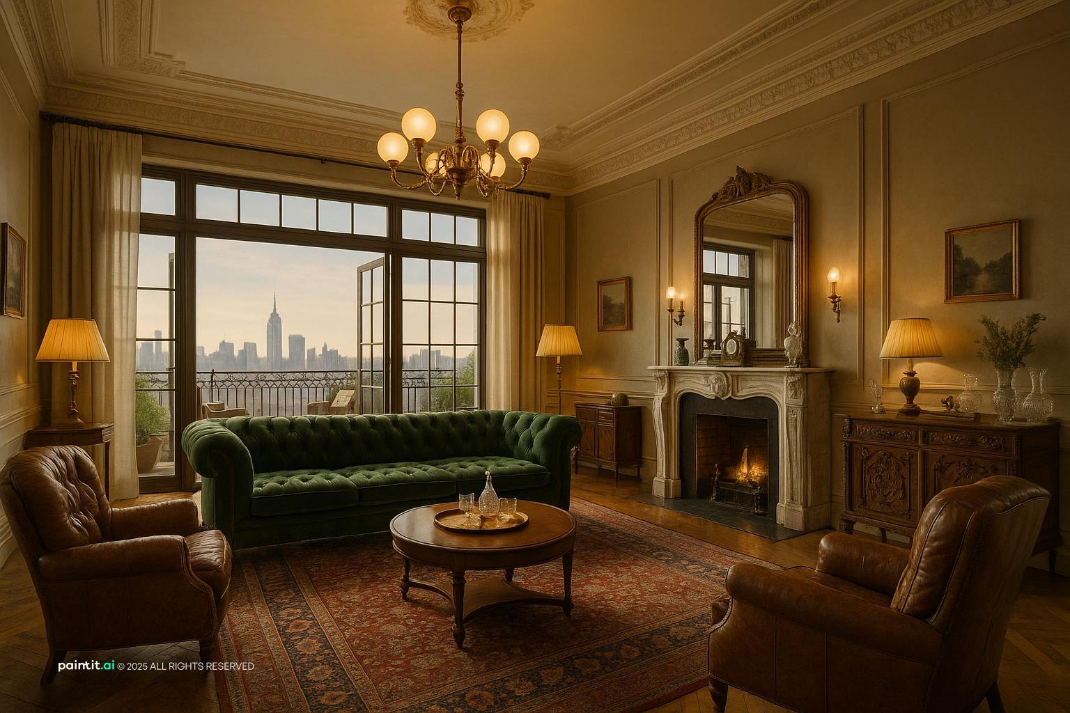 Vintage-style penthouse living room with a green Chesterfield, leather armchairs, a fireplace and city views