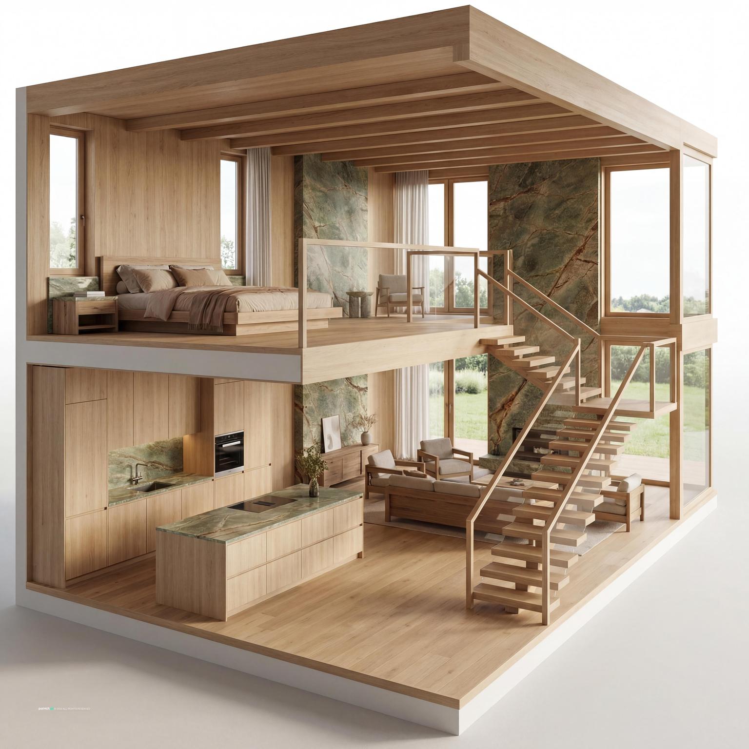 Luxury Scandinavian living room design featuring minimalist built-in storage, light wood cabinetry, and functional, elegant shelving solutions.