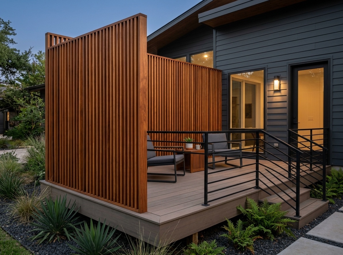 Modern front deck with warm Ipe wood vertical slat privacy screen against charcoal gray house siding