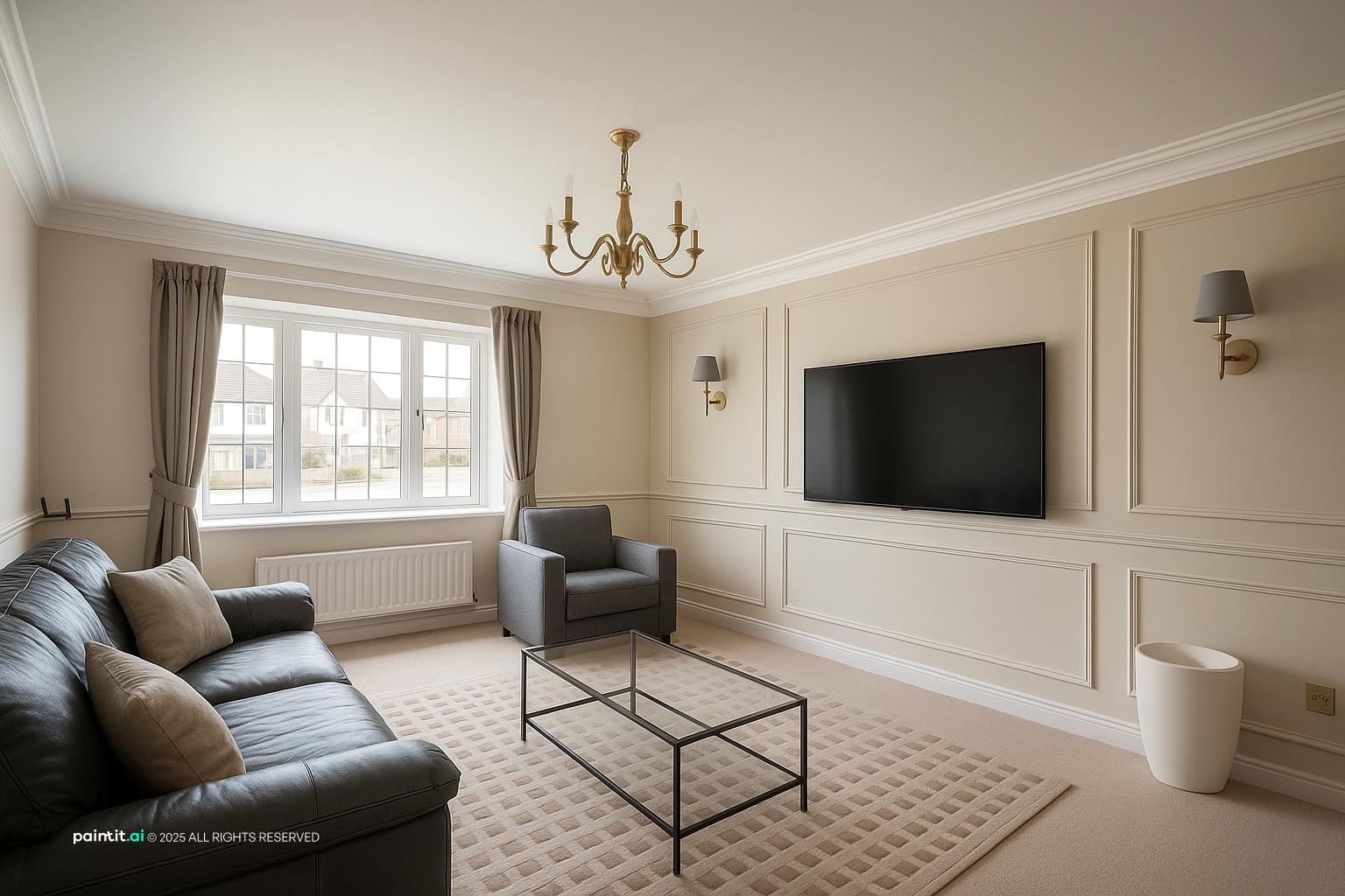 Living room with gray-beige paneled walls, a black leather sofa, a glass coffee table and a wall-mounted TV