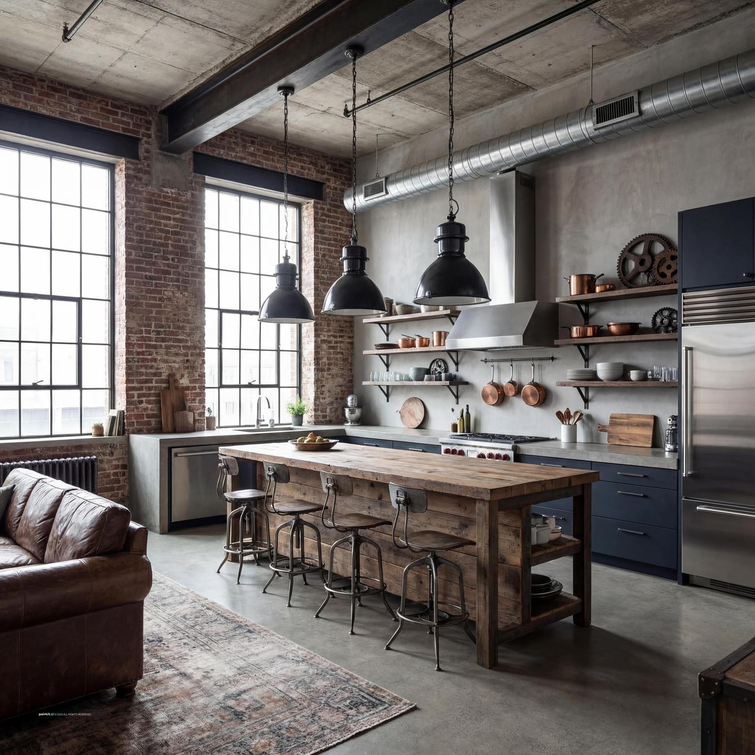 Stylish Industrial Loft Kitchen with Layered Materials for Loft Style Interior Design