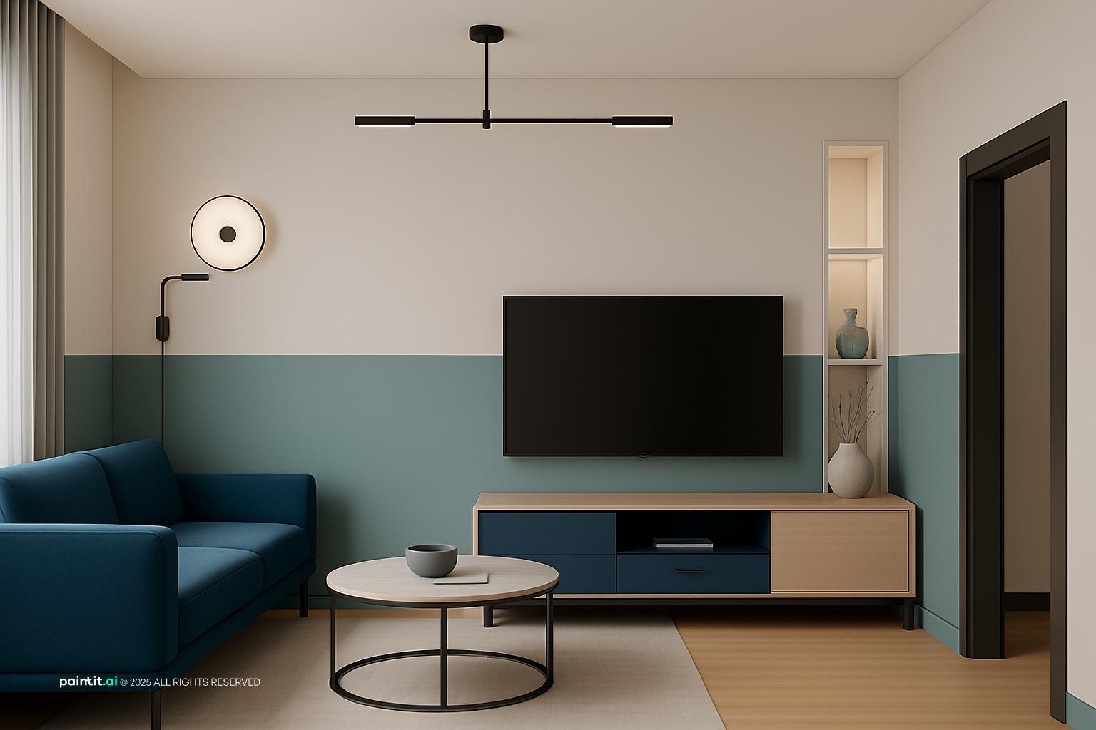 Living room with a navy sofa, a two-tone teal and white wall and a TV