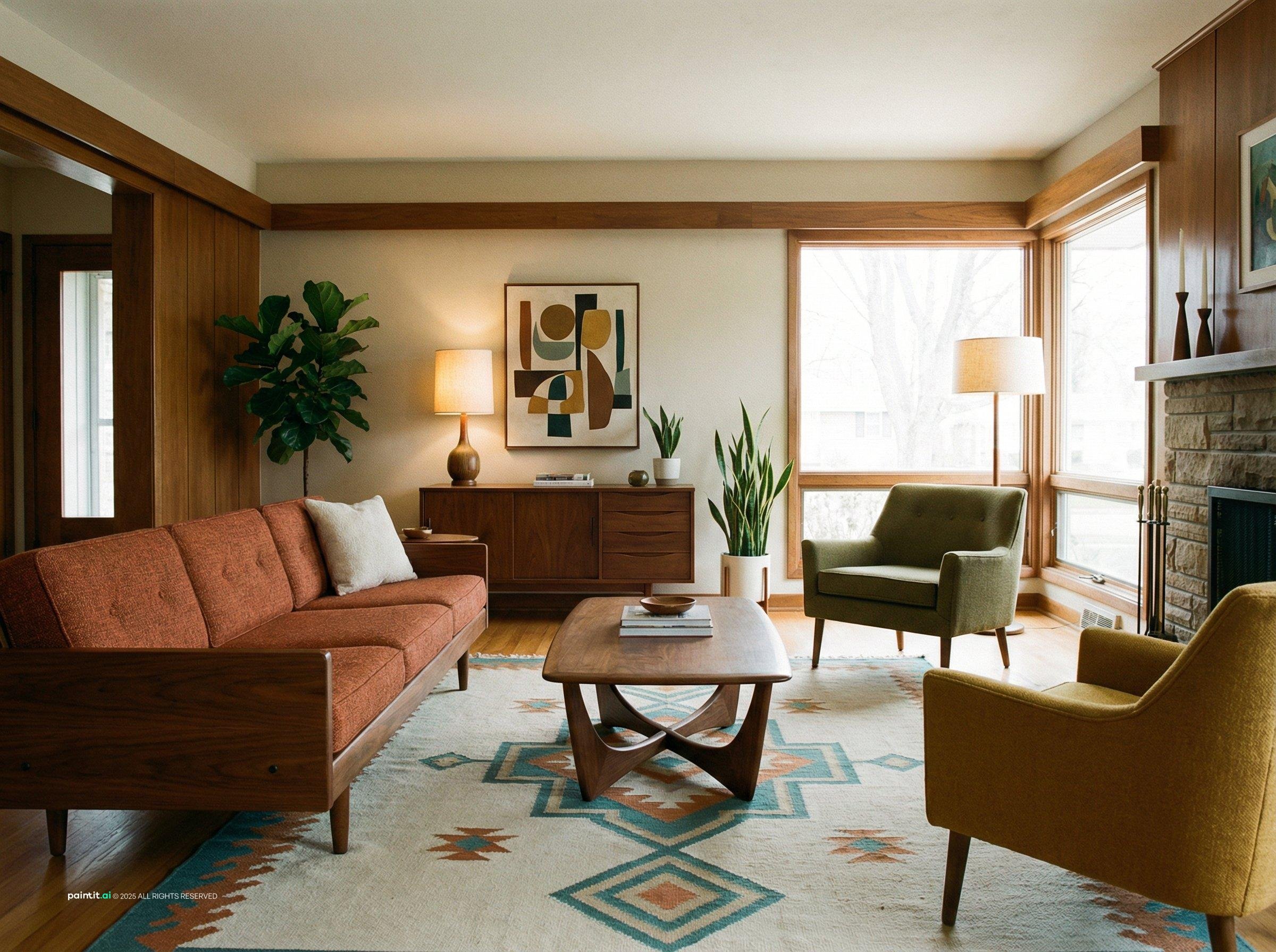 Mid century living room with a rust sofa, a patterned rug and olive armchairs