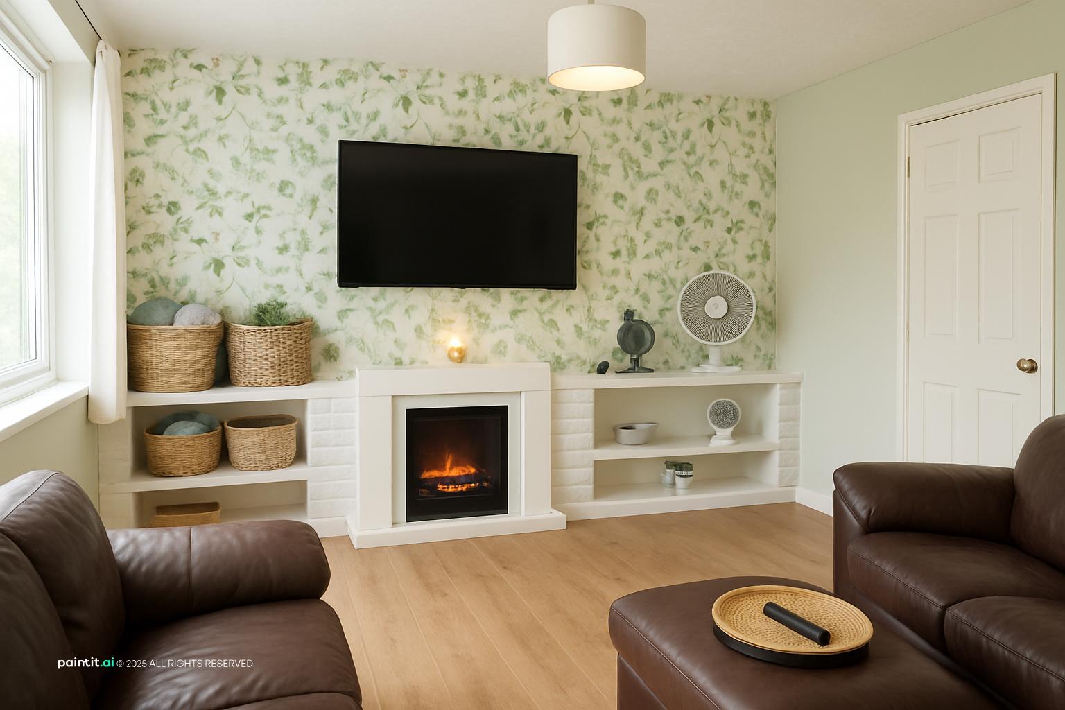 Living room with dark brown leather sofas and a botanical wallpaper wall