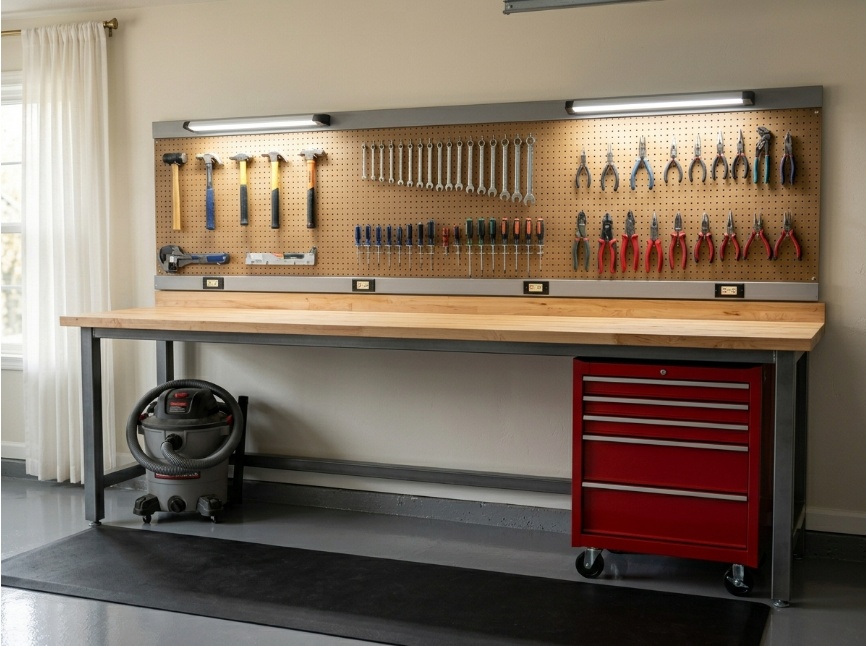 DIY workshop garage with solid wood workbench, organized pegboard tool wall,  bright task lighting, rolling tool chest, and anti-fatigue rubber mat