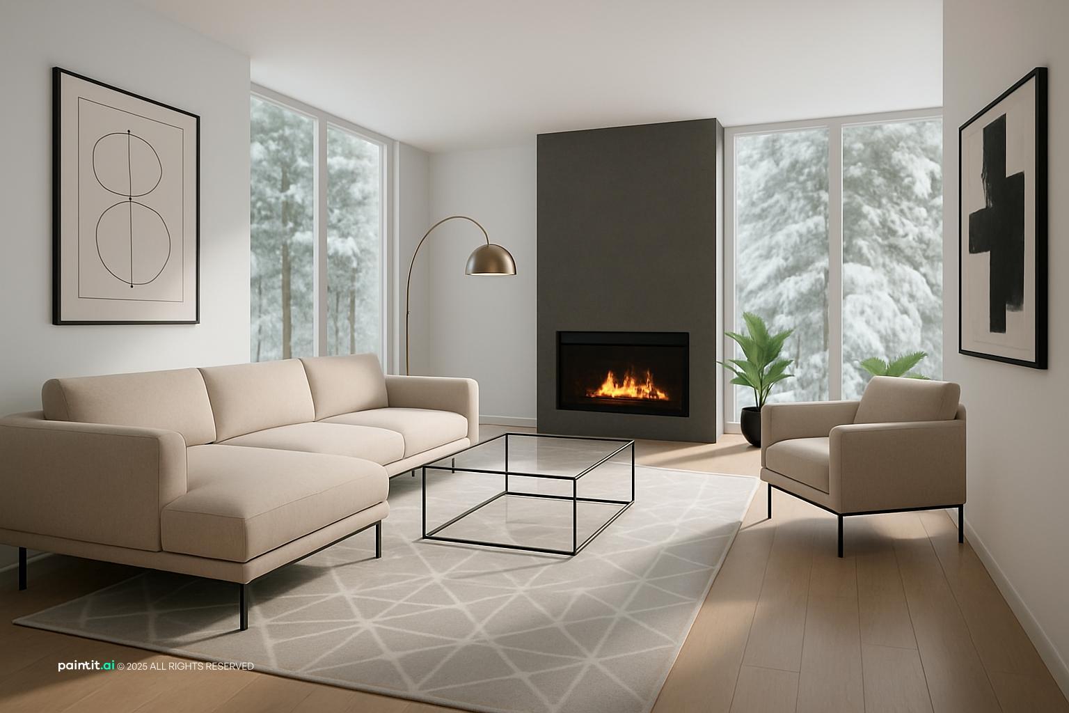 Modern living room with a charcoal fireplace wall, a pale gray sofa, an arc floor lamp and black abstract art