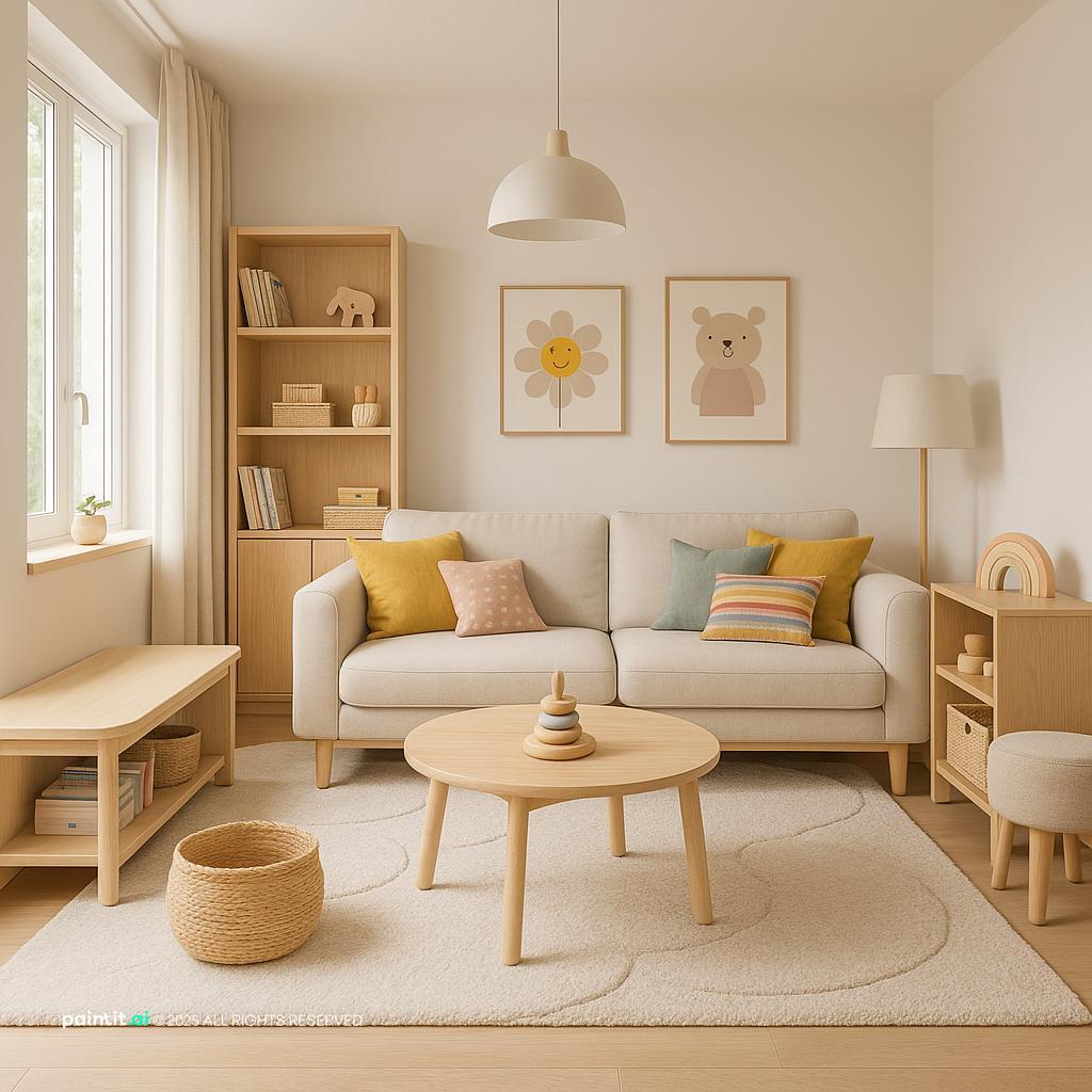 Cozy Scandinavian Living Room for Families showing warm wood, soft textiles, layered neutrals for Neutral Living Room Ideas.