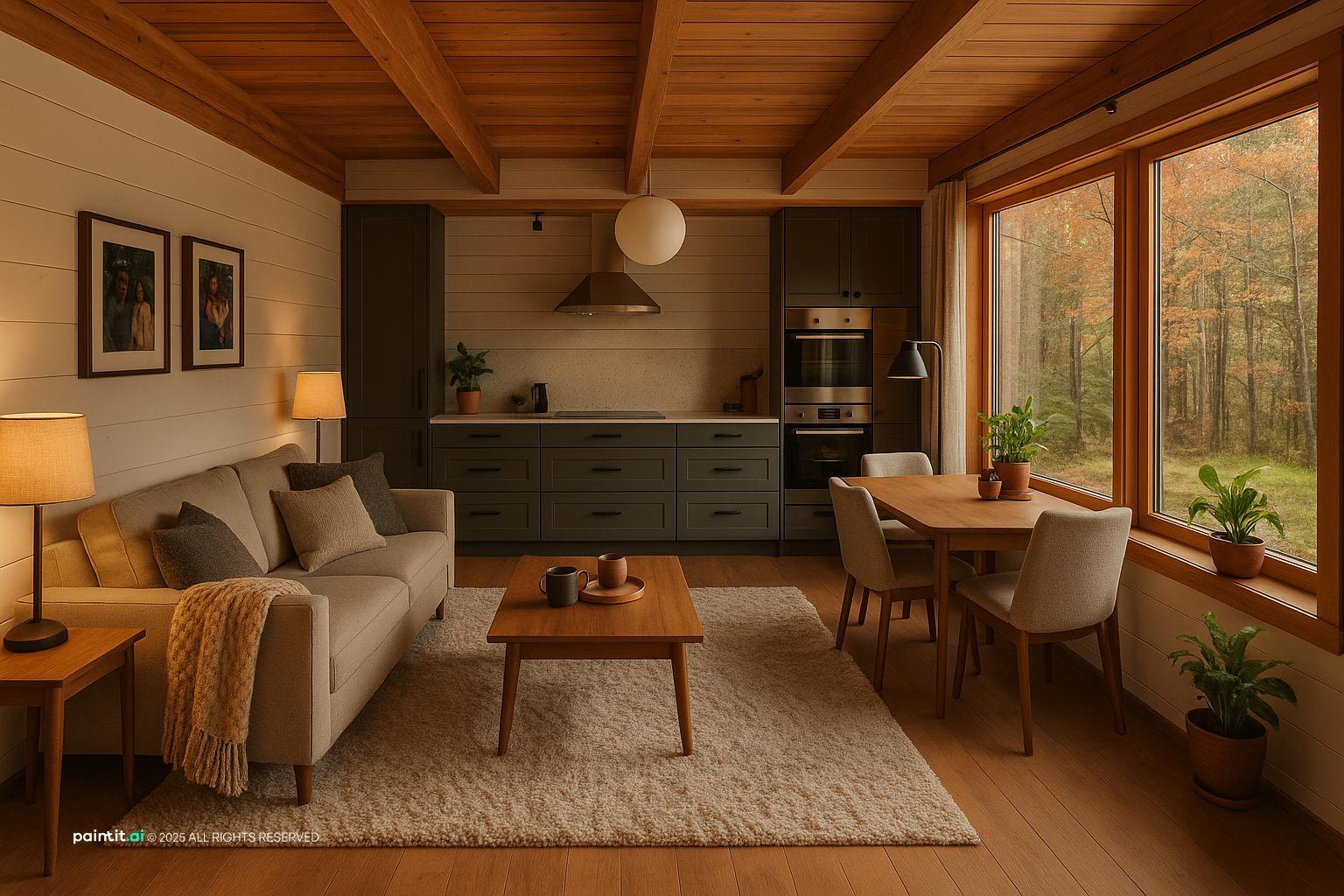 Cozy cabin living room with a wood plank ceiling, a linen sofa, a small dining table and windows onto trees