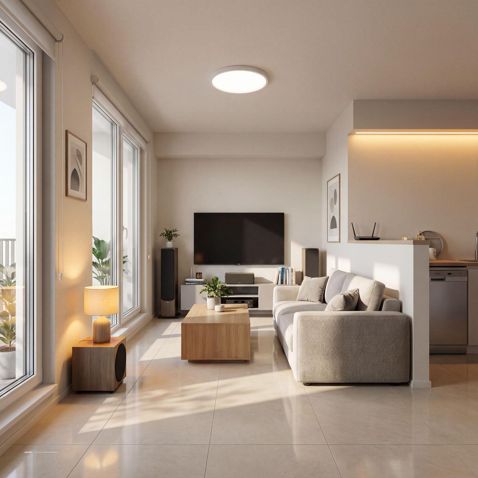Cozy ultra-photorealistic small light yellow living room, maximizing space with a bright, inviting aesthetic.