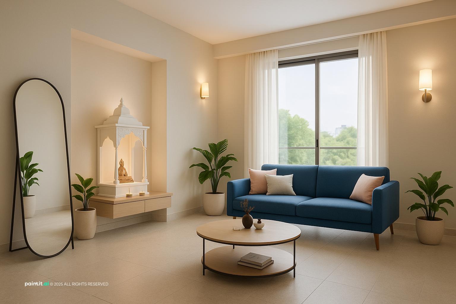 Living room with a navy sofa, a pink cushion, a tall mirror and plants