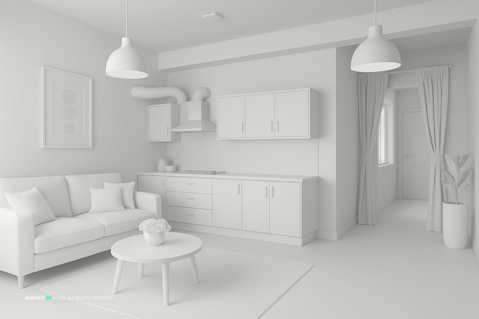 White Kitchen and Living Room: Elegant Interiors | Paintit.ai - 1