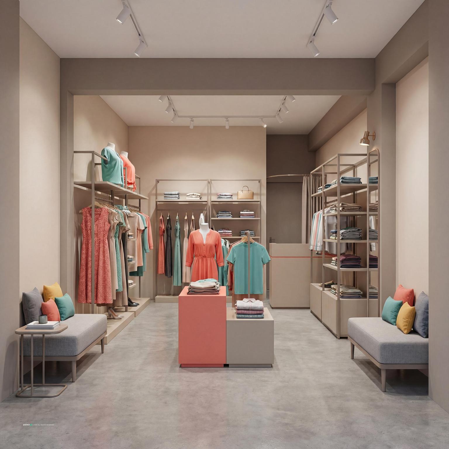 Garment shop with organized wall racks, a mannequin, a seating bench and shelves