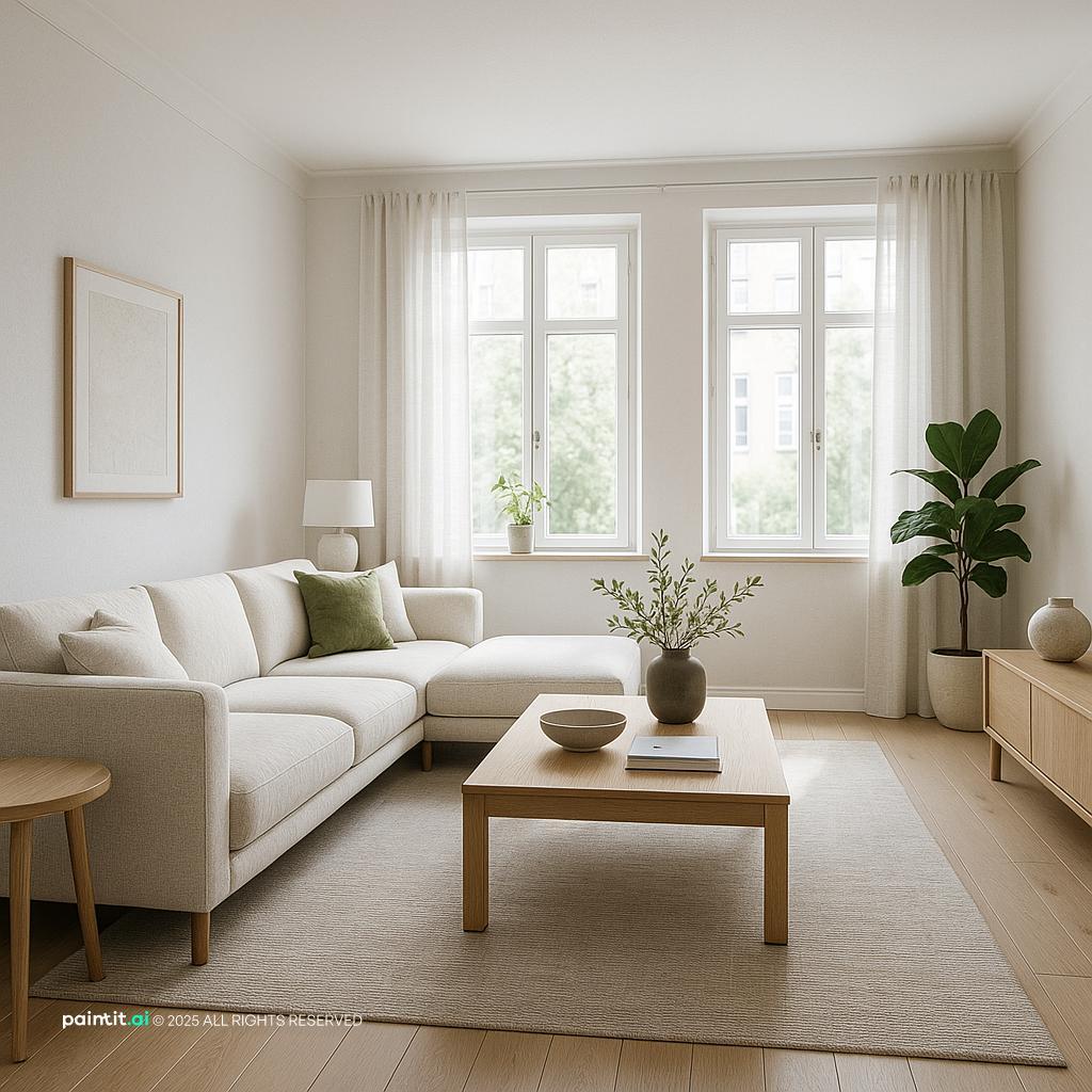 Modern Scandinavian Living Room Design showing green accents, olive green tones, warm wood for Olive Green Living Room Ideas.