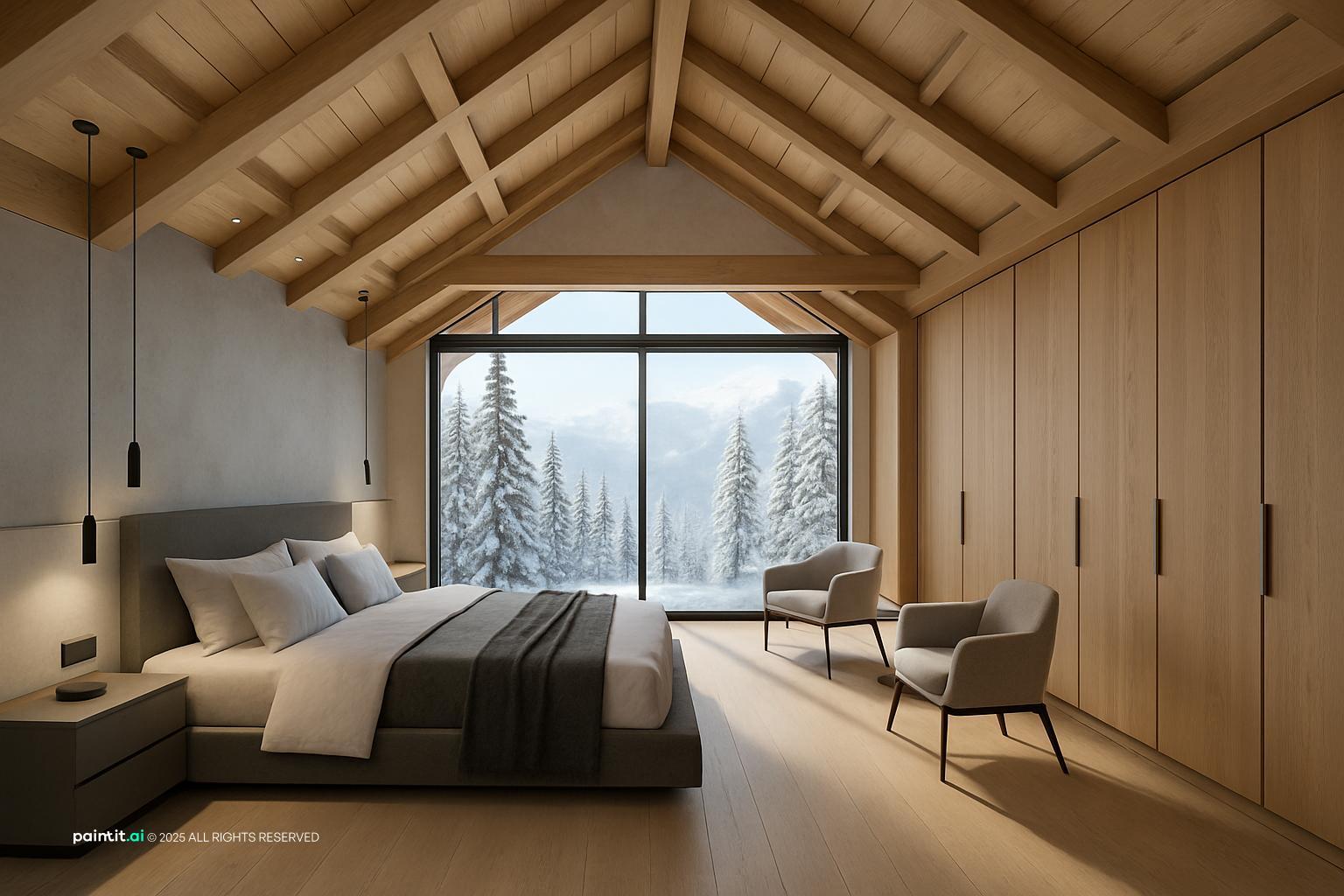 Bedroom under a vaulted wood ceiling with a low bed and a large window onto snowy evergreens