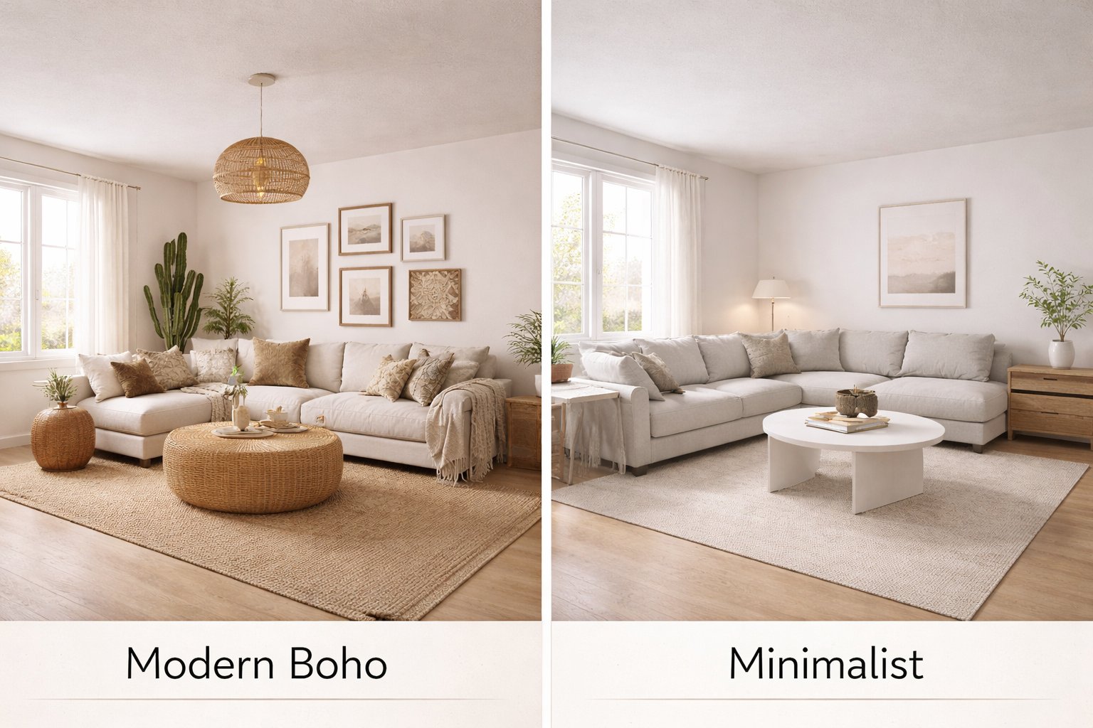 Comparison showing the same room layout with a completely new design style