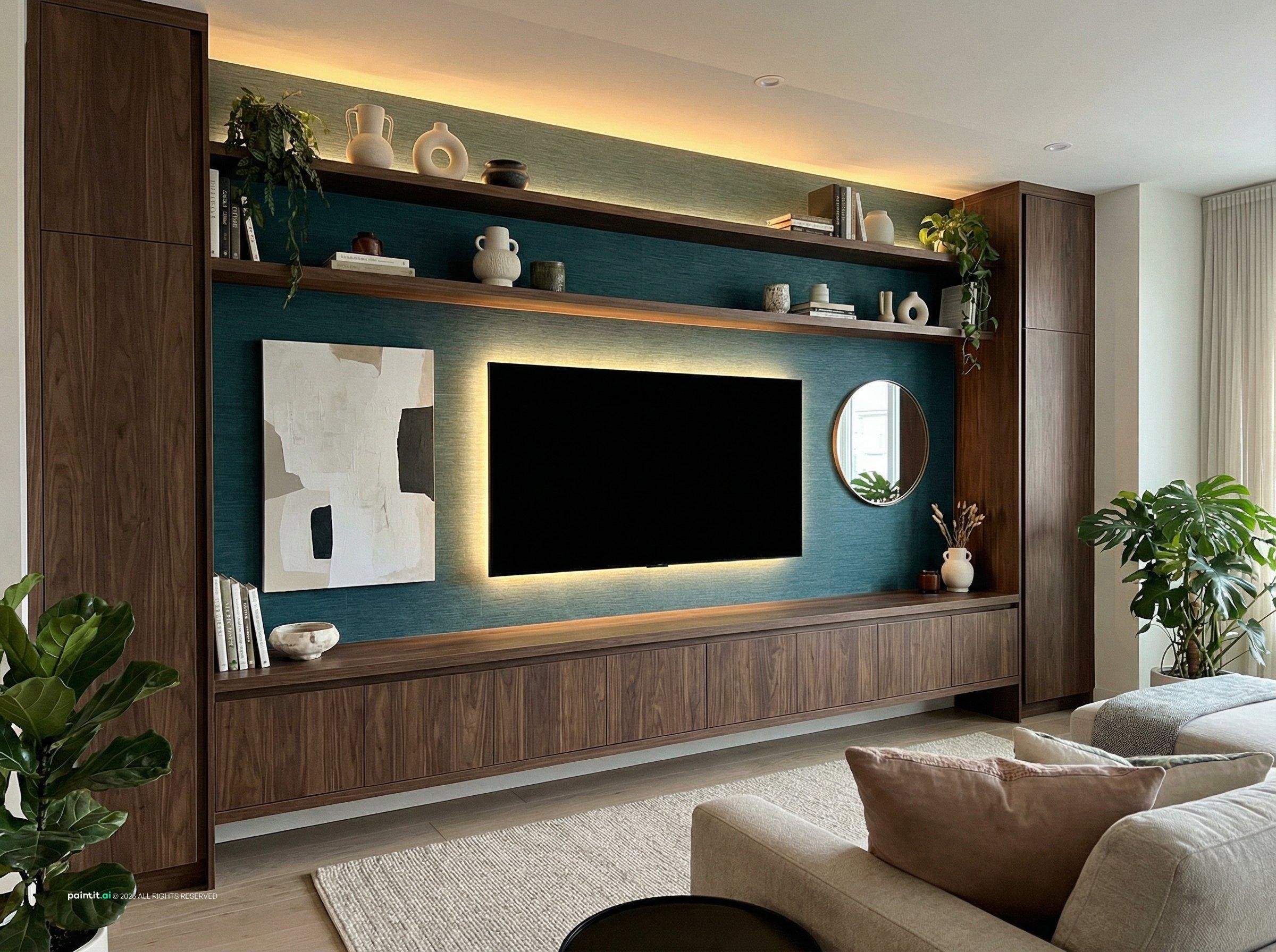 Living room with a teal accent wall, a backlit TV panel and dark wood shelving