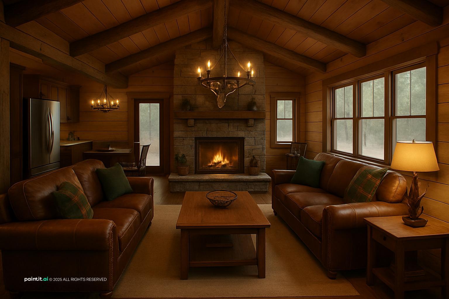Log-walled great room with a stone fireplace, leather sofas, a wooden coffee table and an iron chandelier
