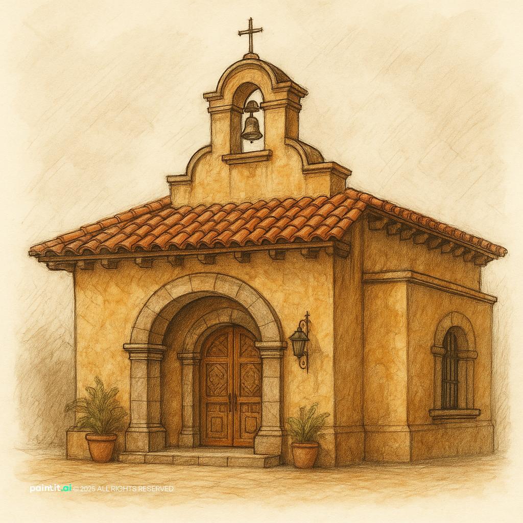 Architectural sketch of a small Mexican mission chapel with a bell gable and a tile roof