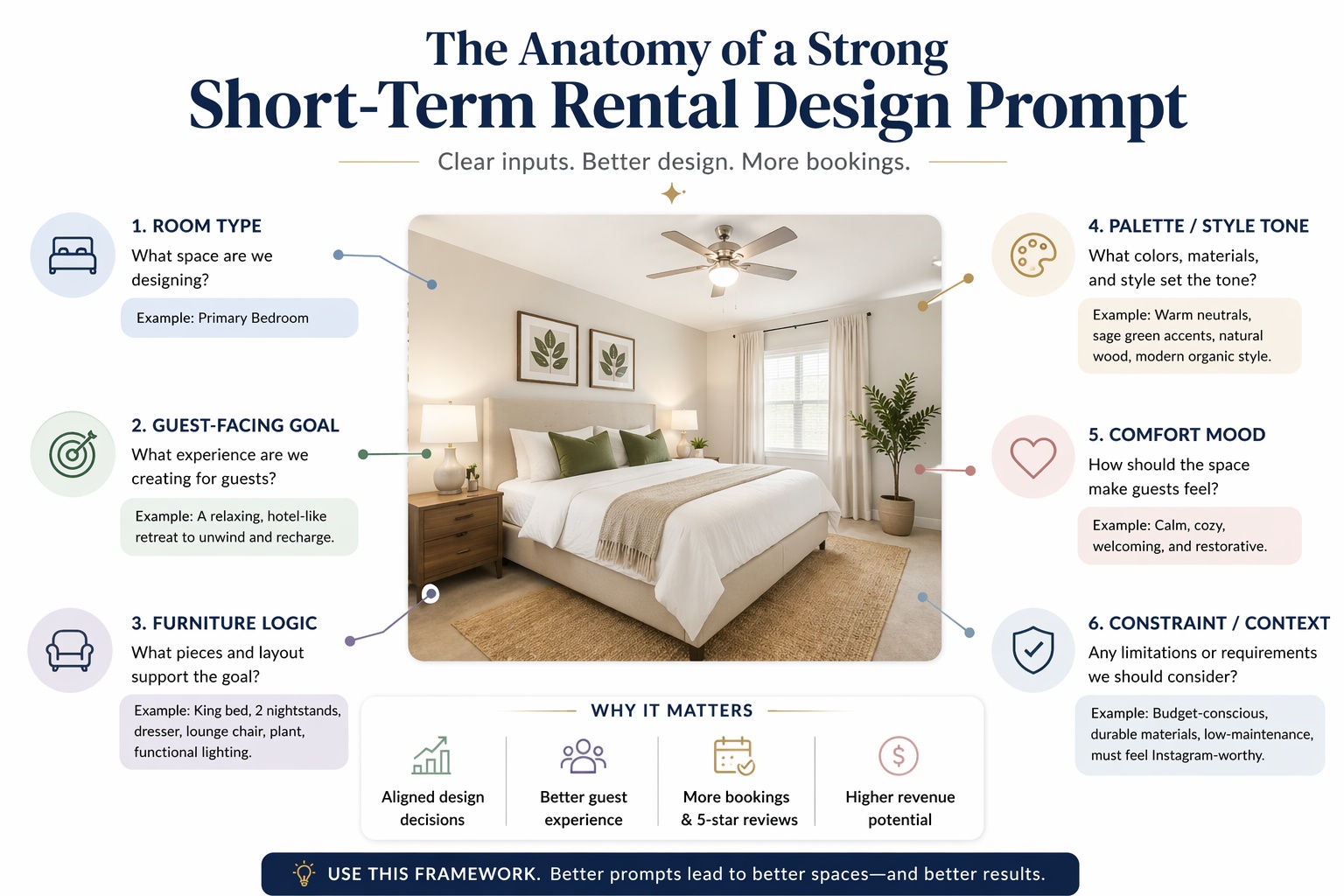 Infographic showing the structure of a strong short-term rental design prompt
