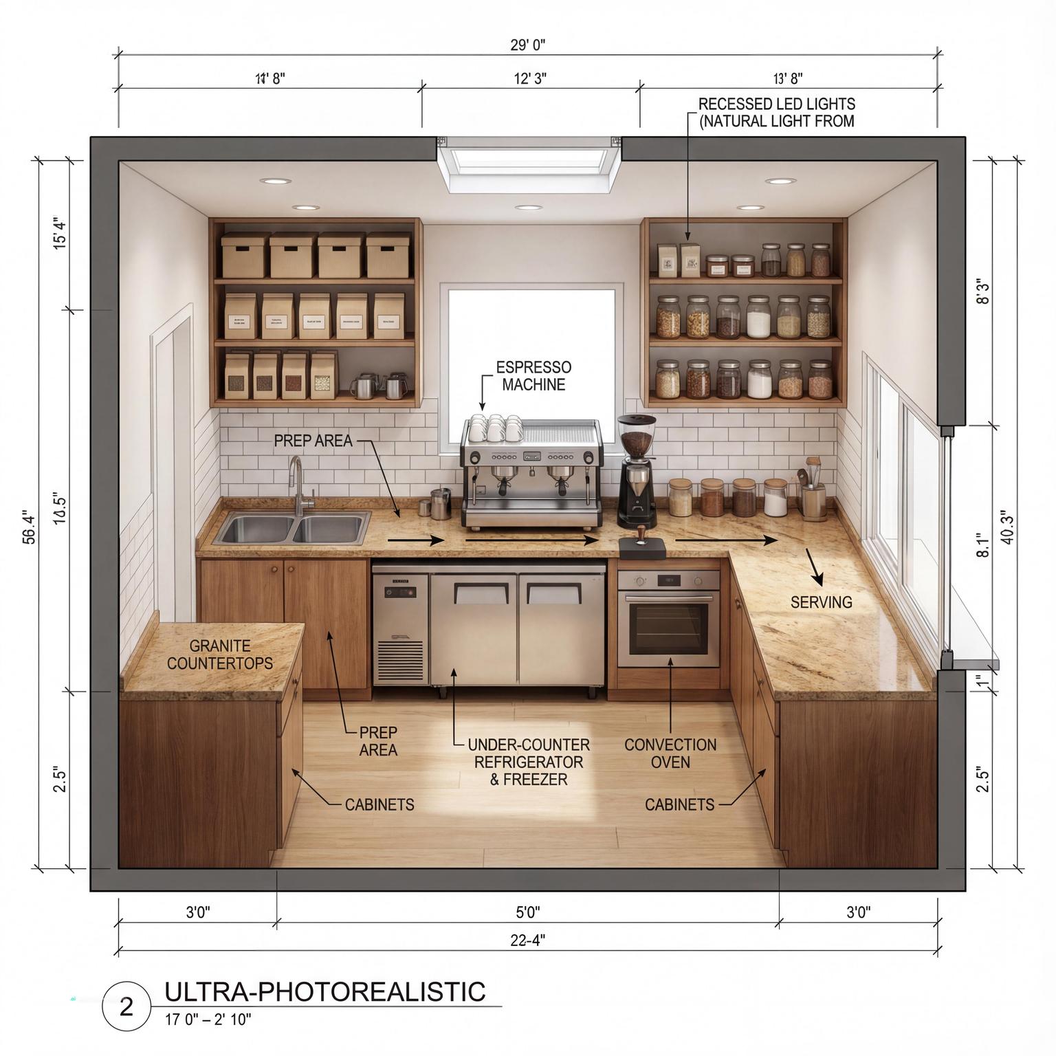 Compact coffee shop kitchen and service counter