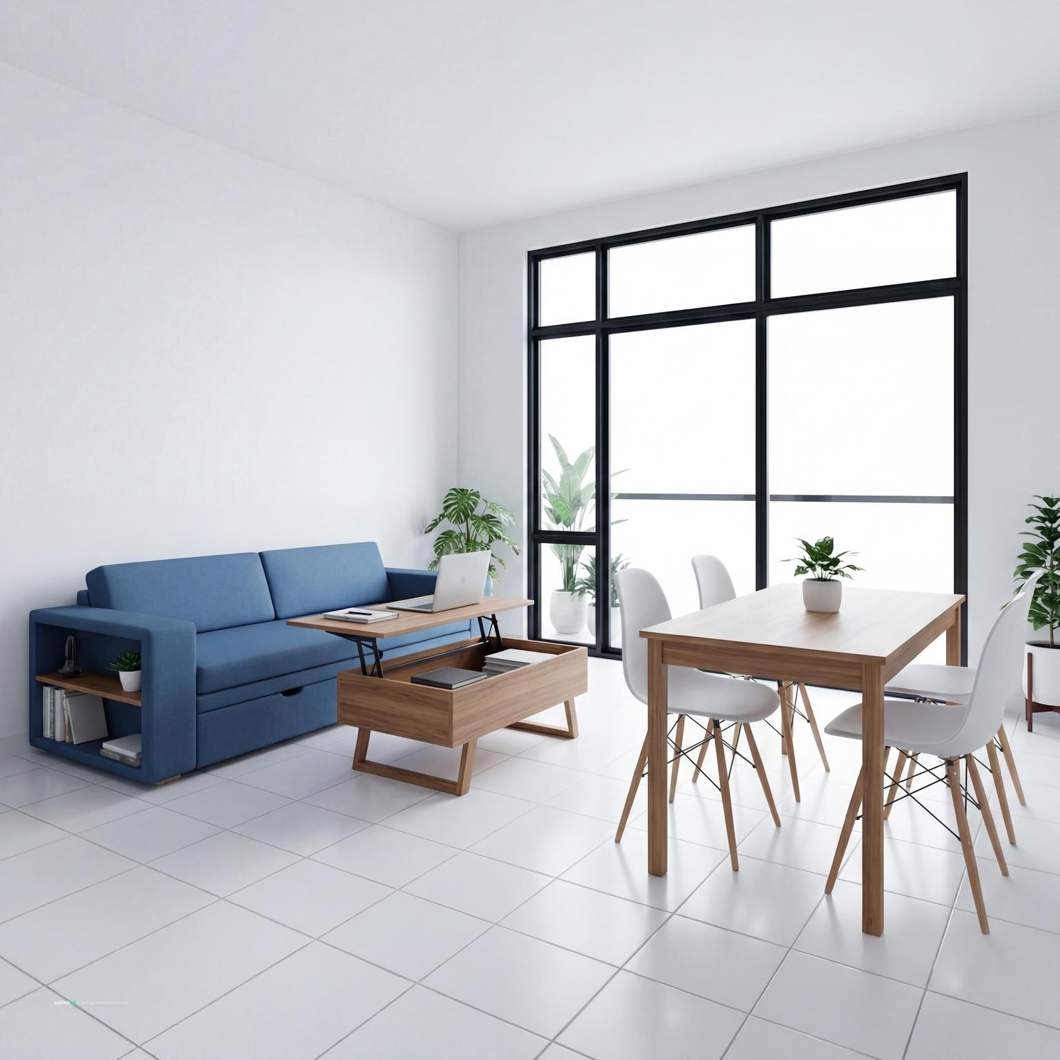Bright white living room with a blue sofa and a dining table
