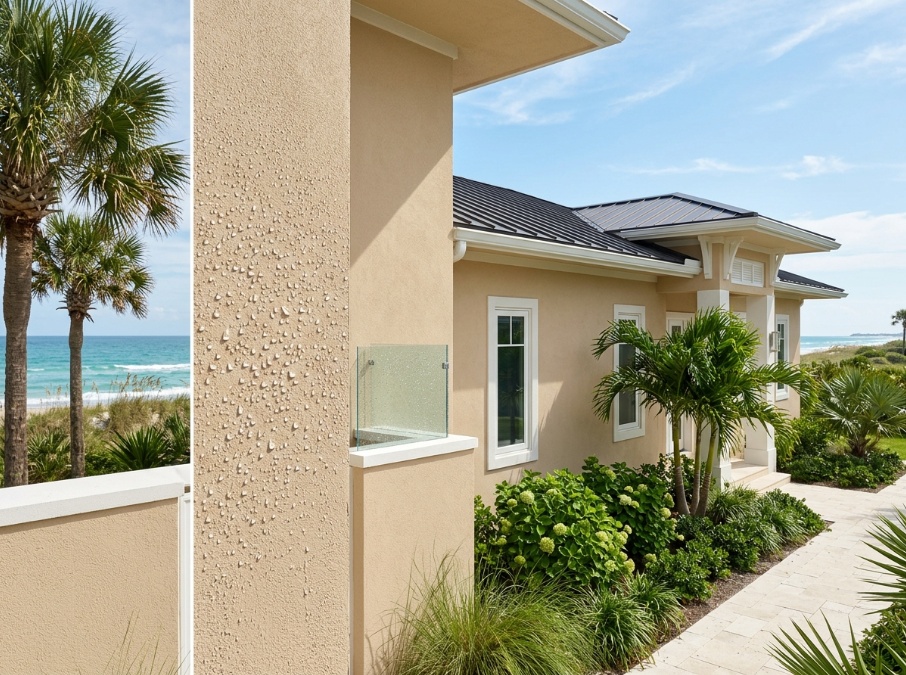 Coastal stucco home in sand-colored paint with a hydrophobic water-beading finish.