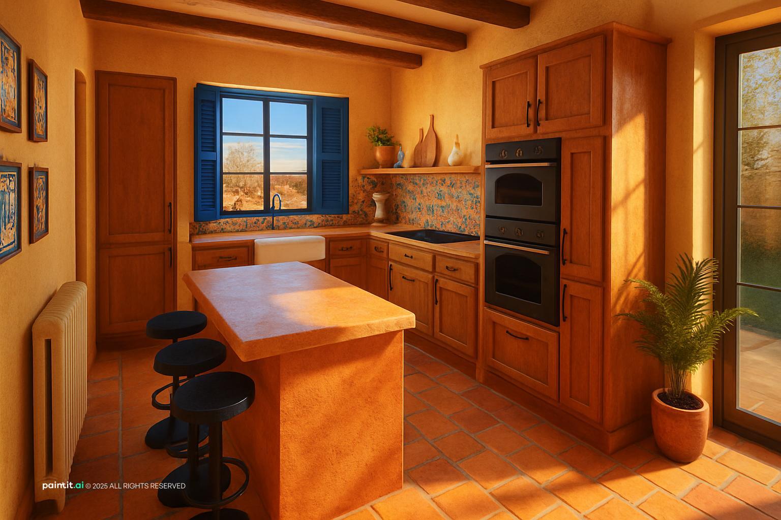 Mediterranean kitchen with a terracotta floor, warm wood cabinets and a window with blue shutters