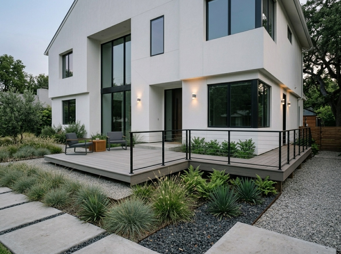 Asymmetrical L-shaped modern front deck wrapping around the corner of a contemporary house with cable railings
