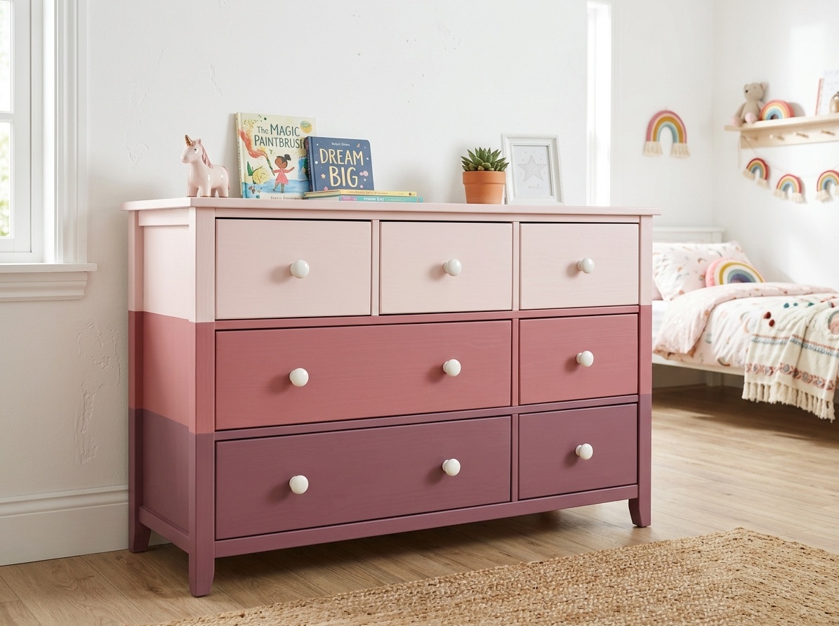 A six-drawer children's bedroom dresser with a playful ombr&eacute;  color progression from top to bottom &mdash; the top two drawers  in a very pale blush pink, the middle two in a medium dusty rose,  and the bottom two in a deep mauve. Each shade transitions  clearly and intentionally from drawer to drawer.  Simple white ceramic round knobs on each drawer.  The dresser stands against a white wall in a bright, cheerful room.  Soft even natural daylight. Photorealistic interior photography,  fun and creative children's room atmosphere, 4:3 ratio.