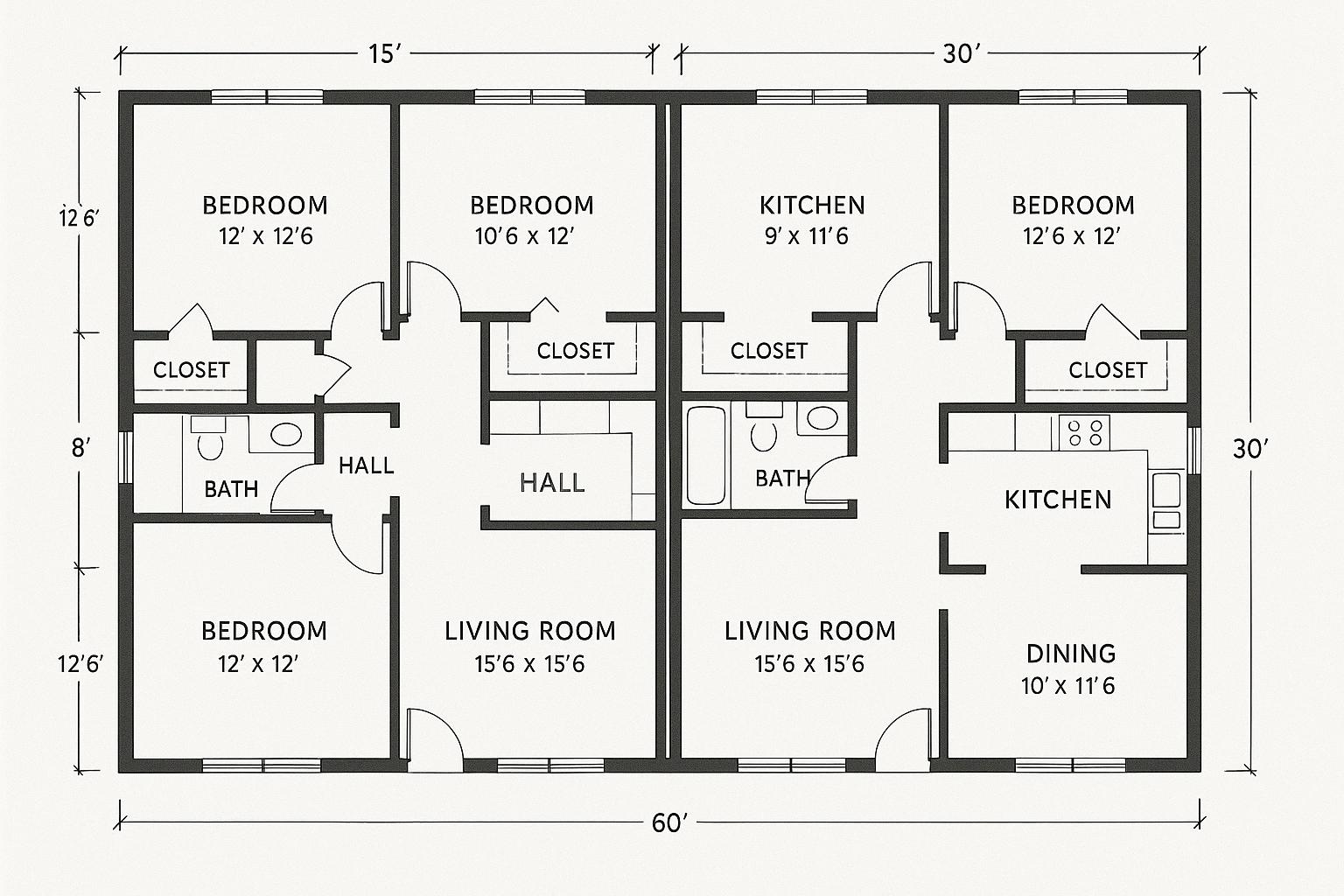 Symmetrical 2-Apartment Floor Plan Design inspired by Living Room Dining Room Combo