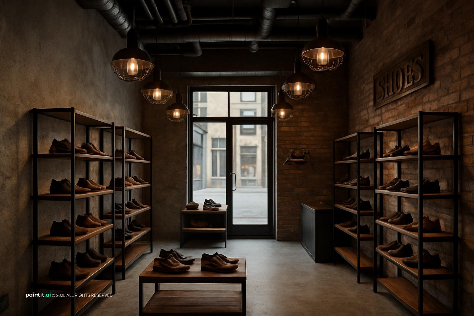 Industrial shoe shop with an exposed ceiling, dark metal shelving and brick walls