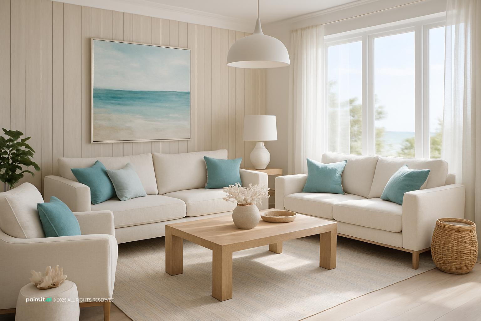 Coastal living room with white walls, aqua seating, and light wood accents