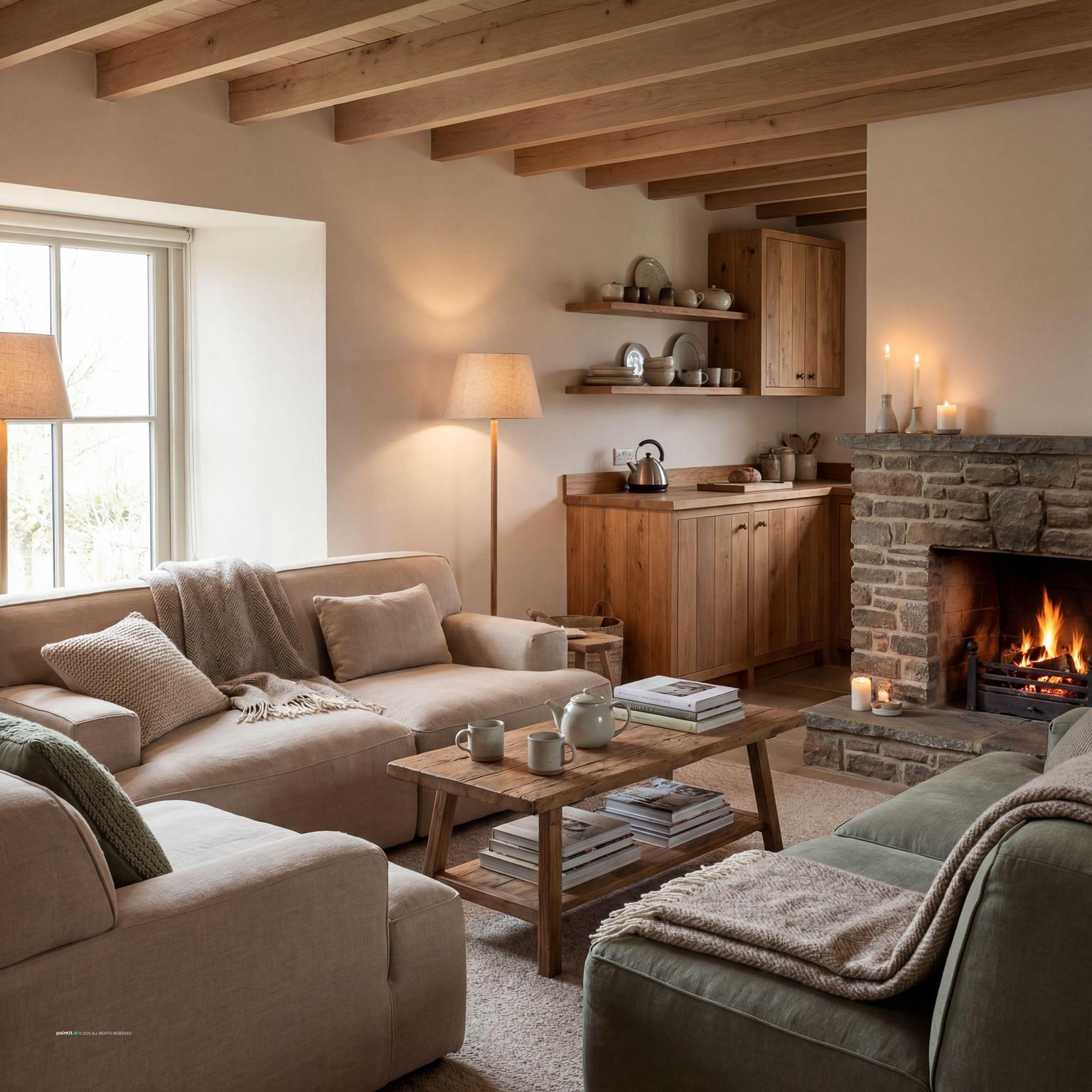 A cozy cottage living room designed for relaxation, featuring traditional elements and a warm color scheme, perfect for a modern interpretation of a 1940s...