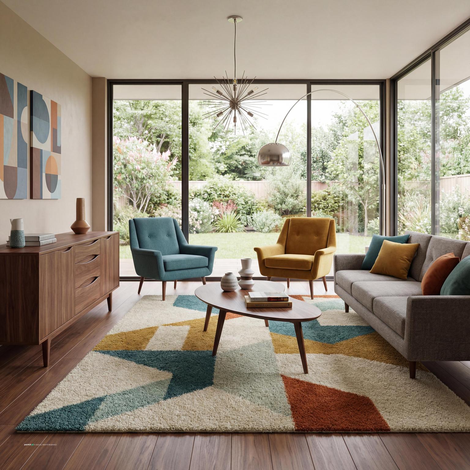 Elegant 1940s mid-century modern living room design combining sleek lines with warm textures and a refined, practical aesthetic.
