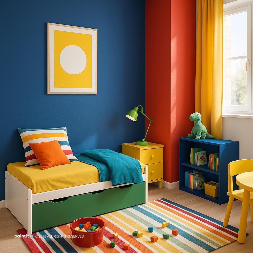 Kids room with blue and red color-block walls, a bed with storage and a striped rug