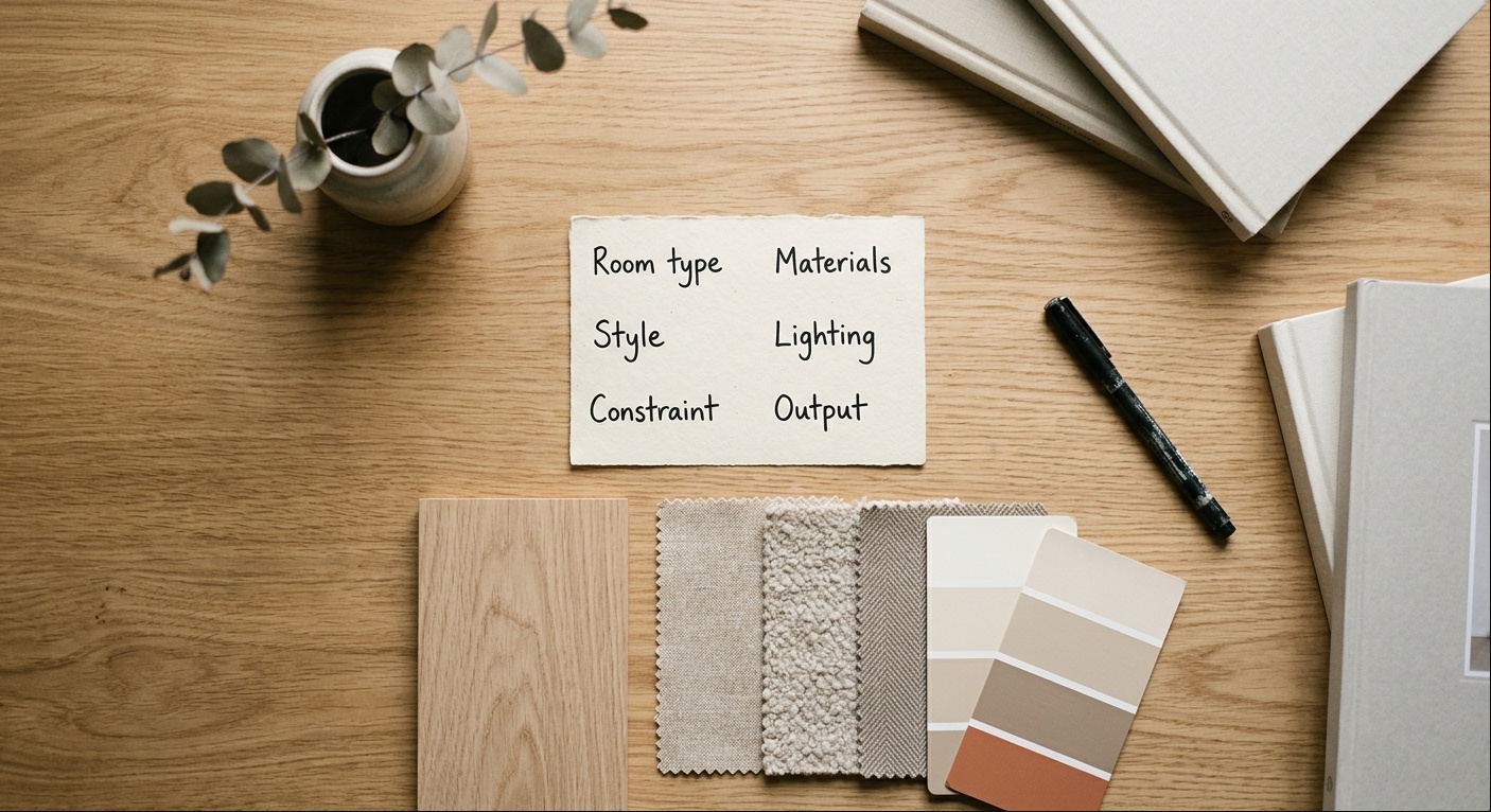 Flat-lay photo of a desk with a small notecard listing 6 short labels
