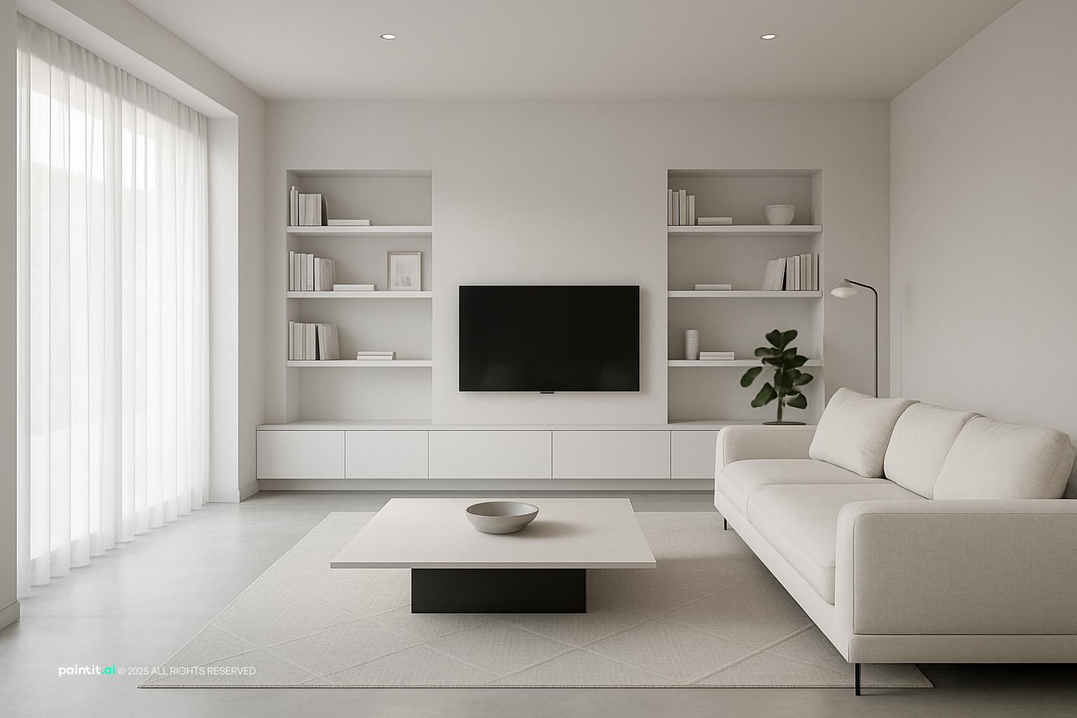 Minimalist living room with light gray built-in shelving, a white sofa and a low white coffee table