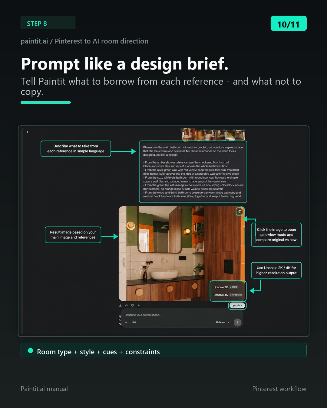 Paintit.ai prompt example showing how to describe what each Pinterest reference should contribute to an AI bathroom design.