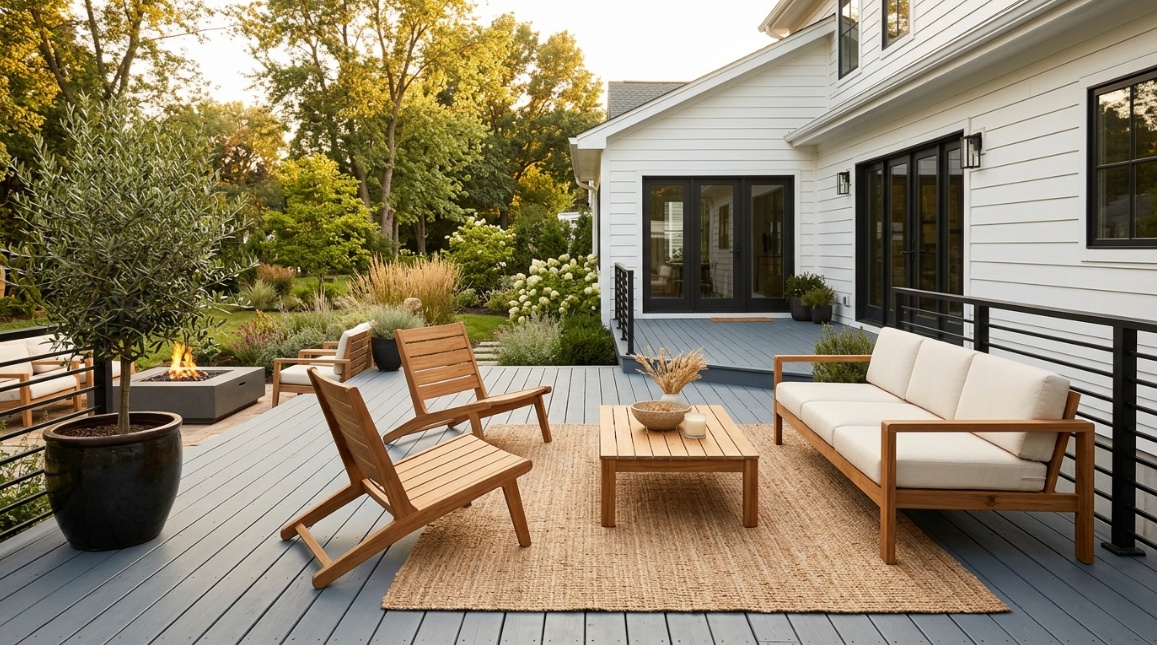 modern backyard deck painted in slate gray with warm wood outdoor furniture, white trim siding in the background