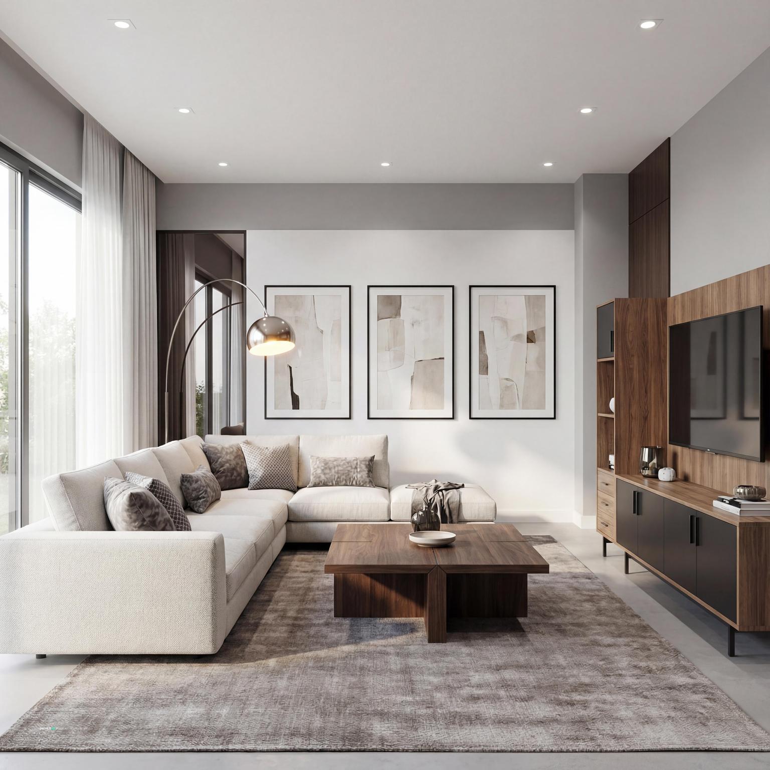 Modern living room design with elegance, featuring a clean white gold aesthetic, contemporary furnishings, and sophisticated metallic accents.