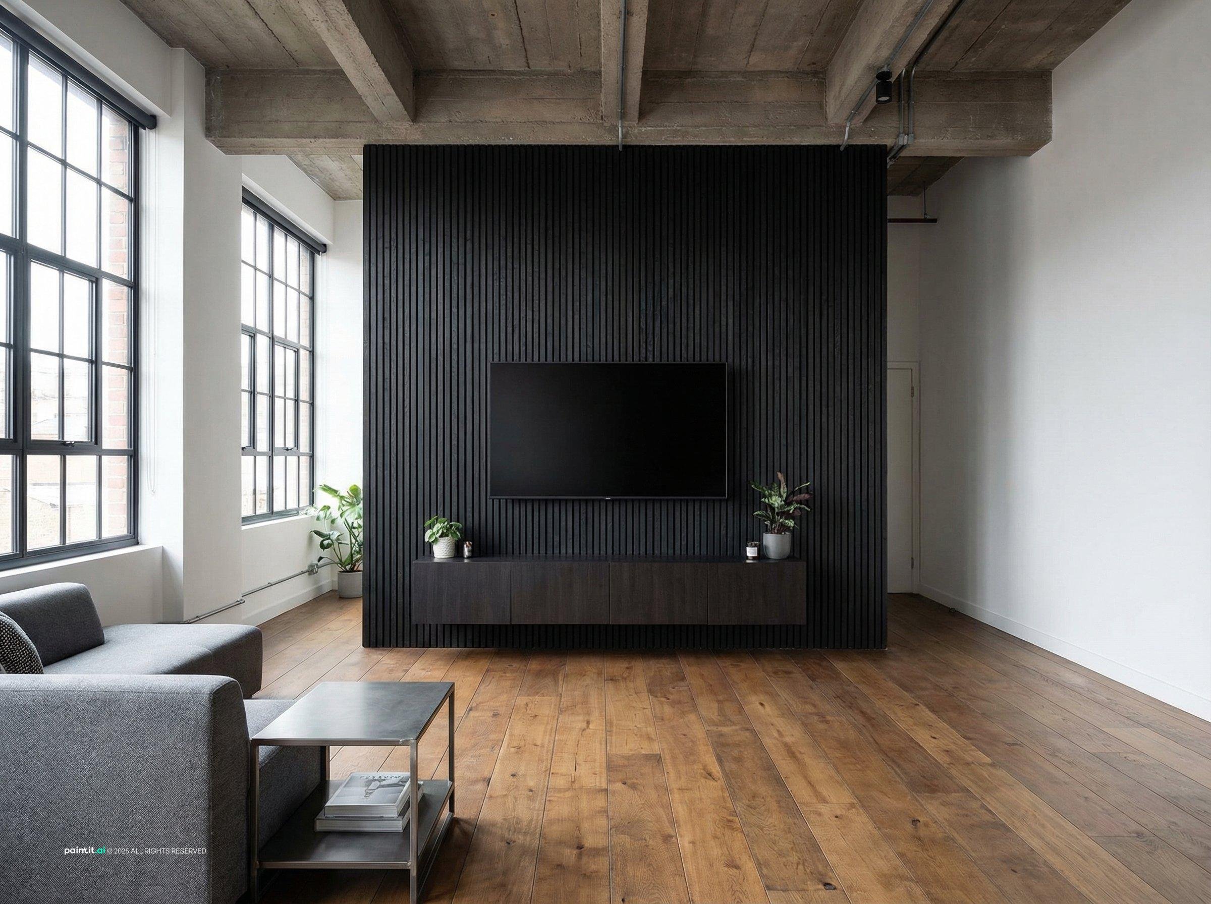 Industrial loft living room with a black-stained oak slat TV wall, tall windows and wide plank floors