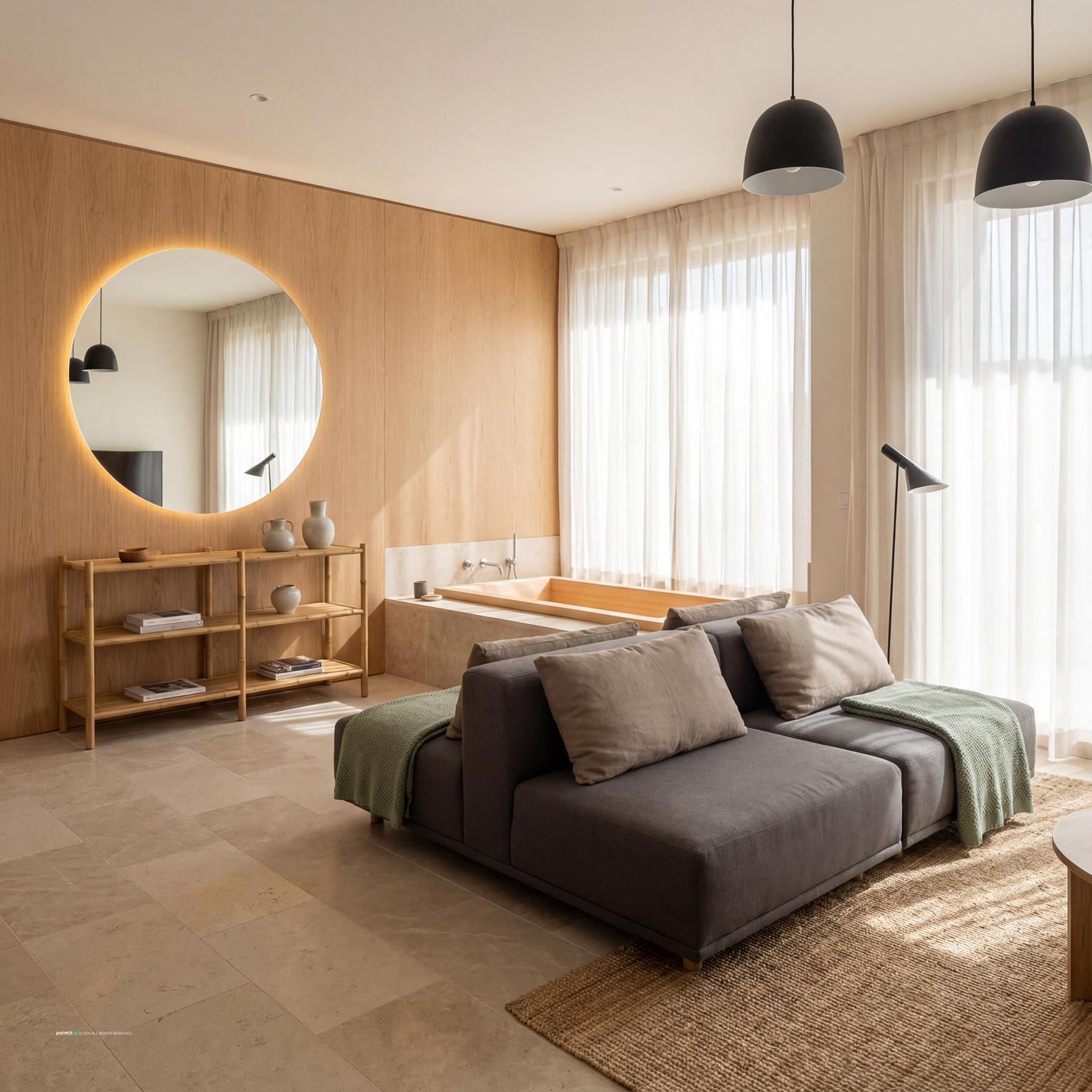 Japanese-Scandinavian white living room design, focusing on natural materials, clean lines, and a serene, functional aesthetic for modern homes.