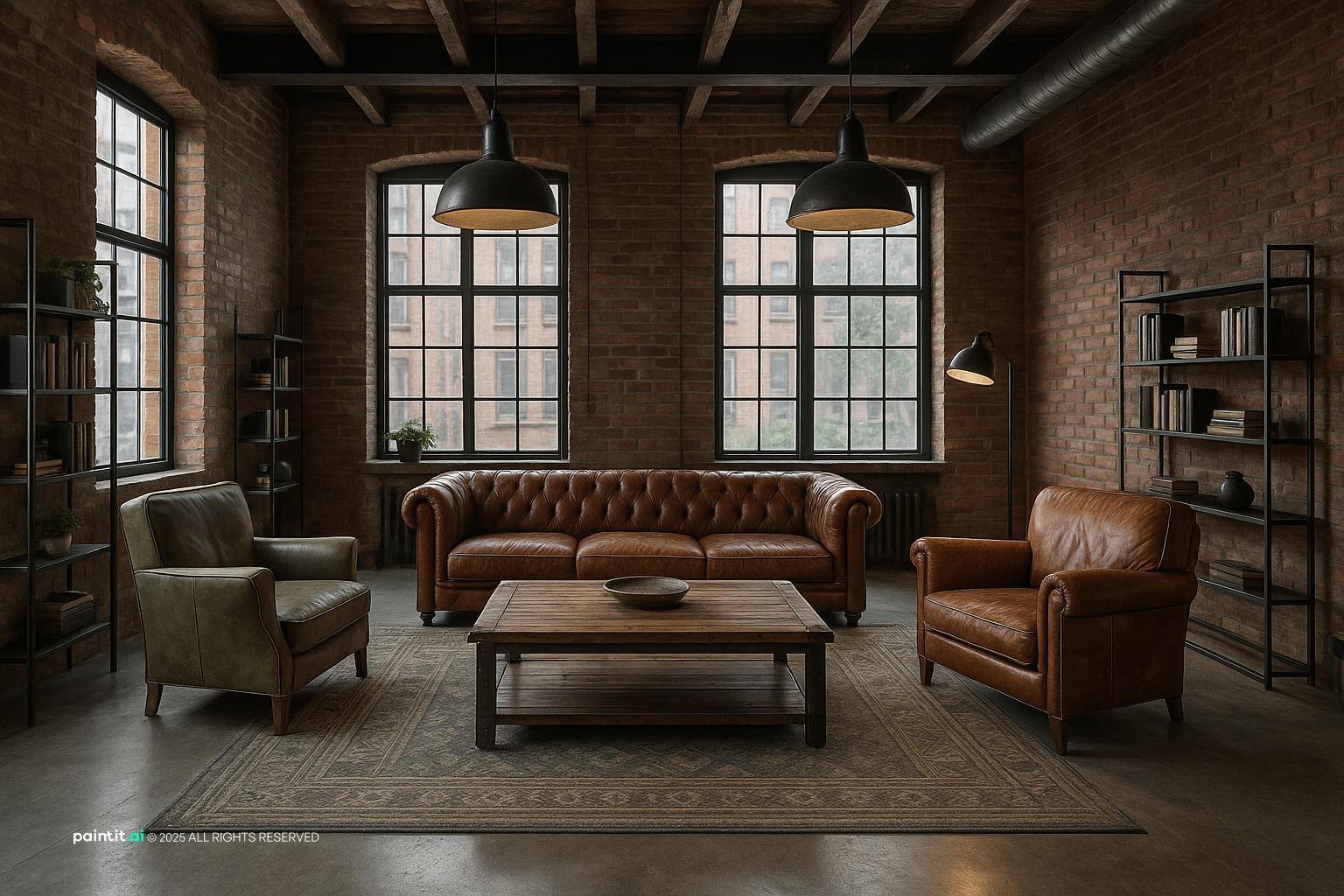 Loft Living Room Design with wood and rug and a calm living room atmosphere.
